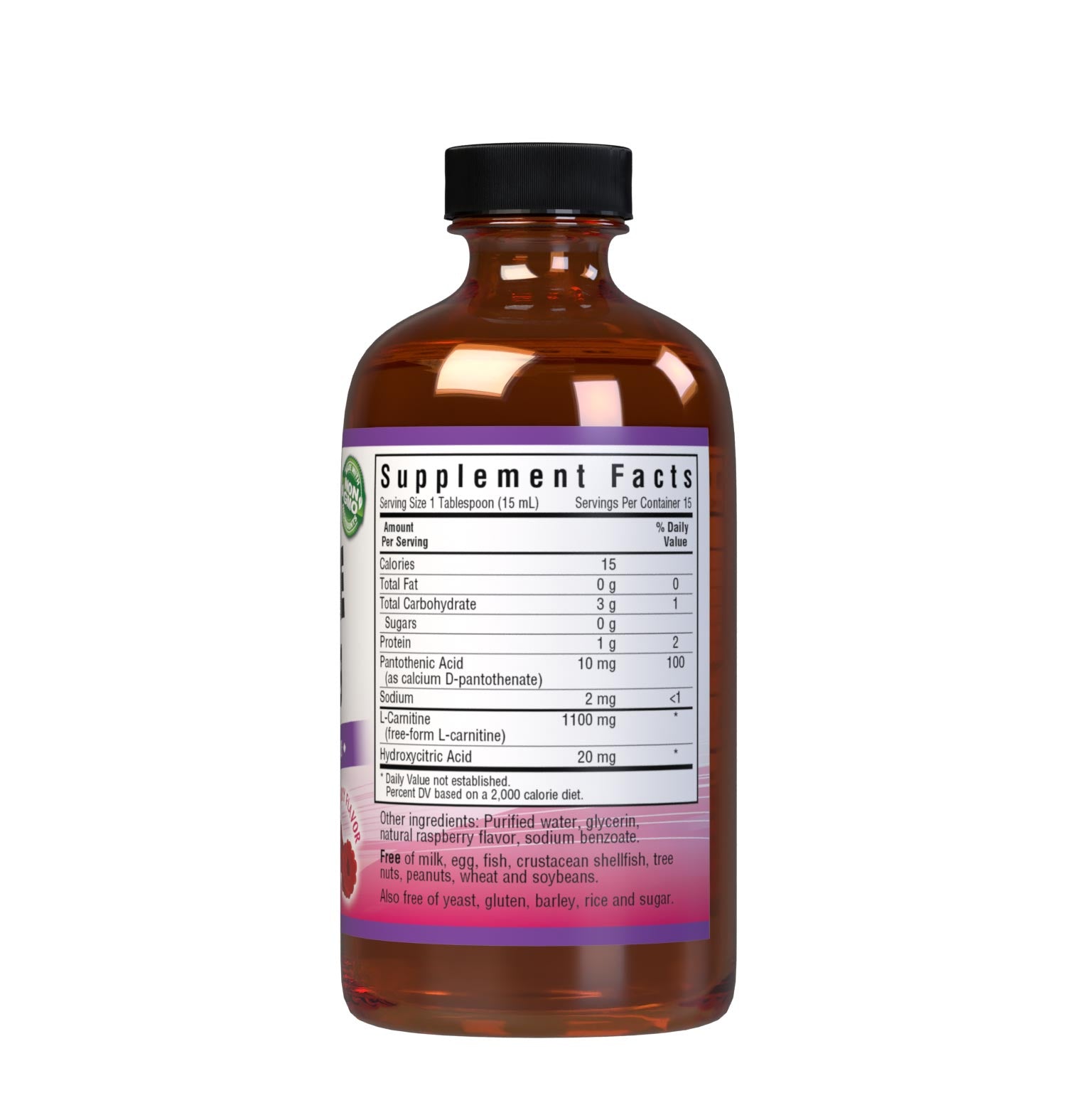 Bluebonnet's Liquid L-Carnitine 1100 mg is formulated with free-form L-carnitine from Lonza along with complementary ingredients, hydroxycitric acid and pantothenic acid to enhance energy production, stamina and endurance for an optimal workout. Supplement facts panel. #size_8 fl oz
