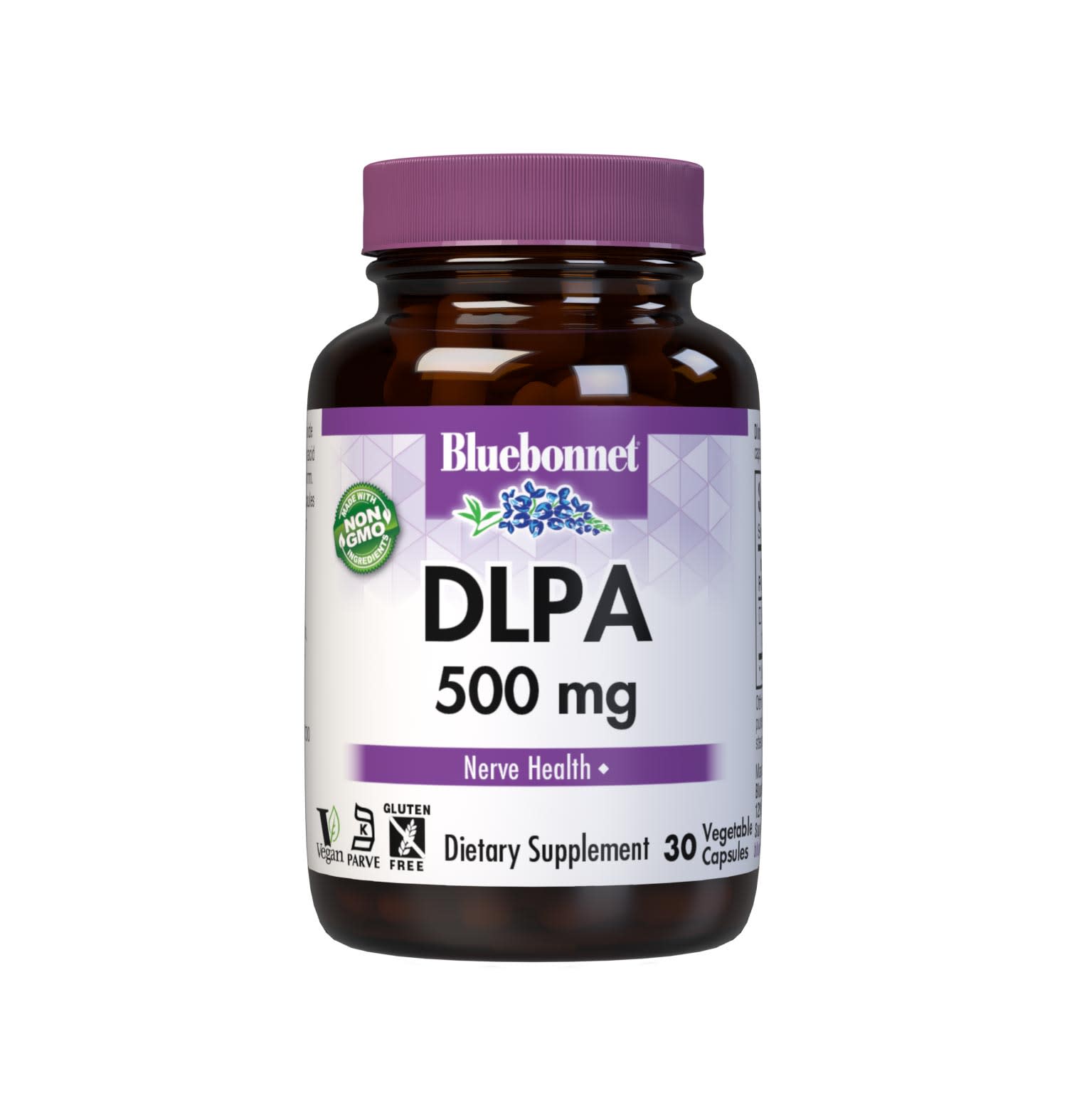 Bluebonnet’s DLPA 500 mg 30 Vegetable Capsules are formulated with free-form amino acid DL-phenylalanine in its crystalline form to support nerve health.  #size_30 count