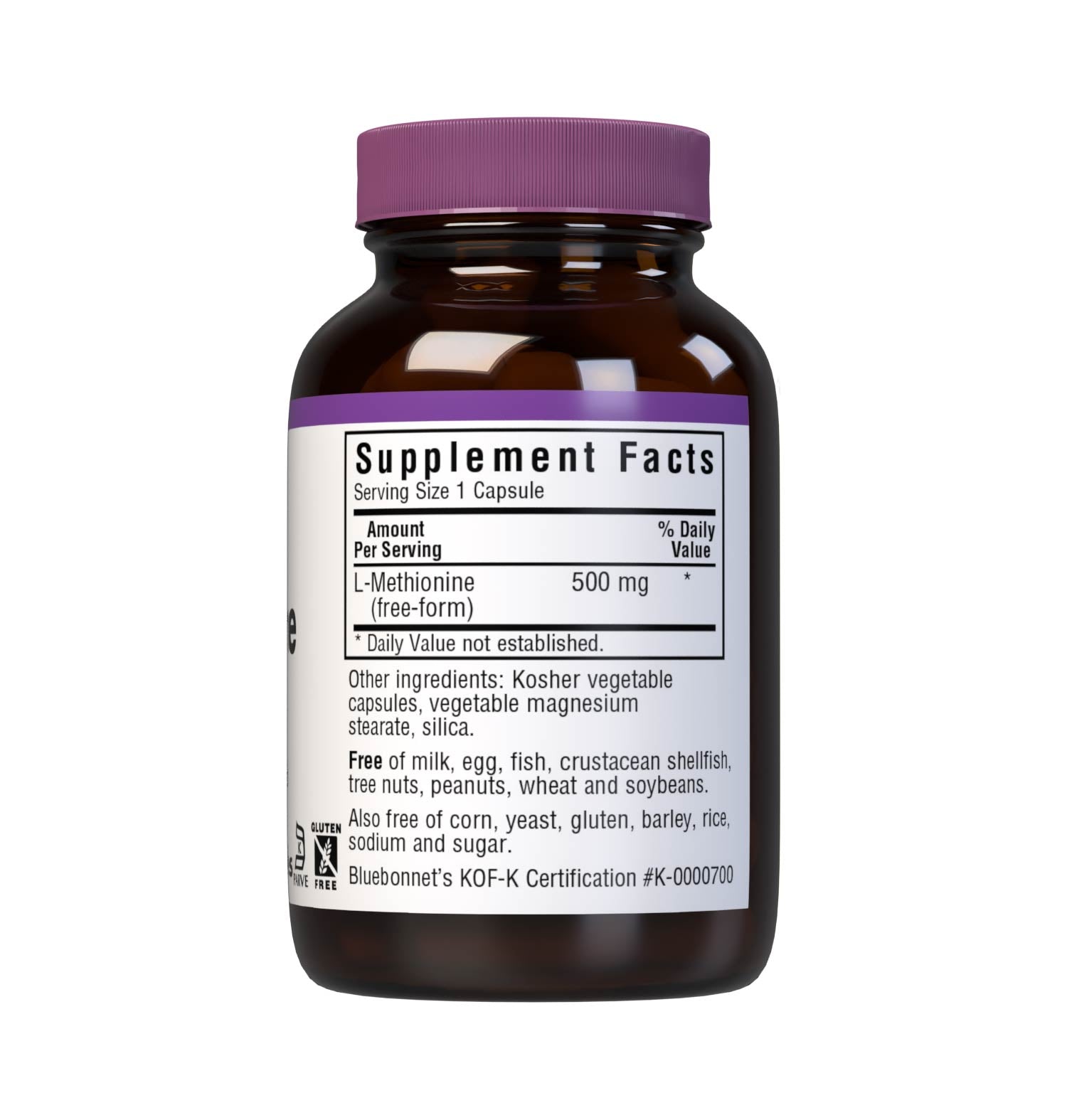Bluebonnet’s L-Methionine 500 mg 30 Vegetable Capsules provide the pharmaceutical grade, free-form amino acid L-methionine in its crystalline form from Ajinomoto. Supplement facts panel. #size_30 count