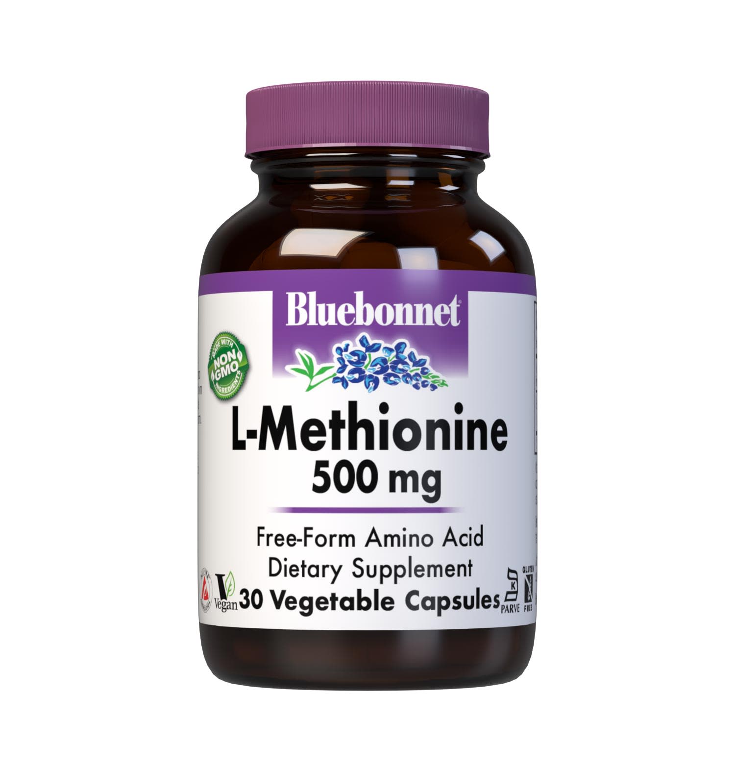 Bluebonnet’s L-Methionine 500 mg 30 Vegetable Capsules provide the pharmaceutical grade, free-form amino acid L-methionine in its crystalline form from Ajinomoto. #size_30 count