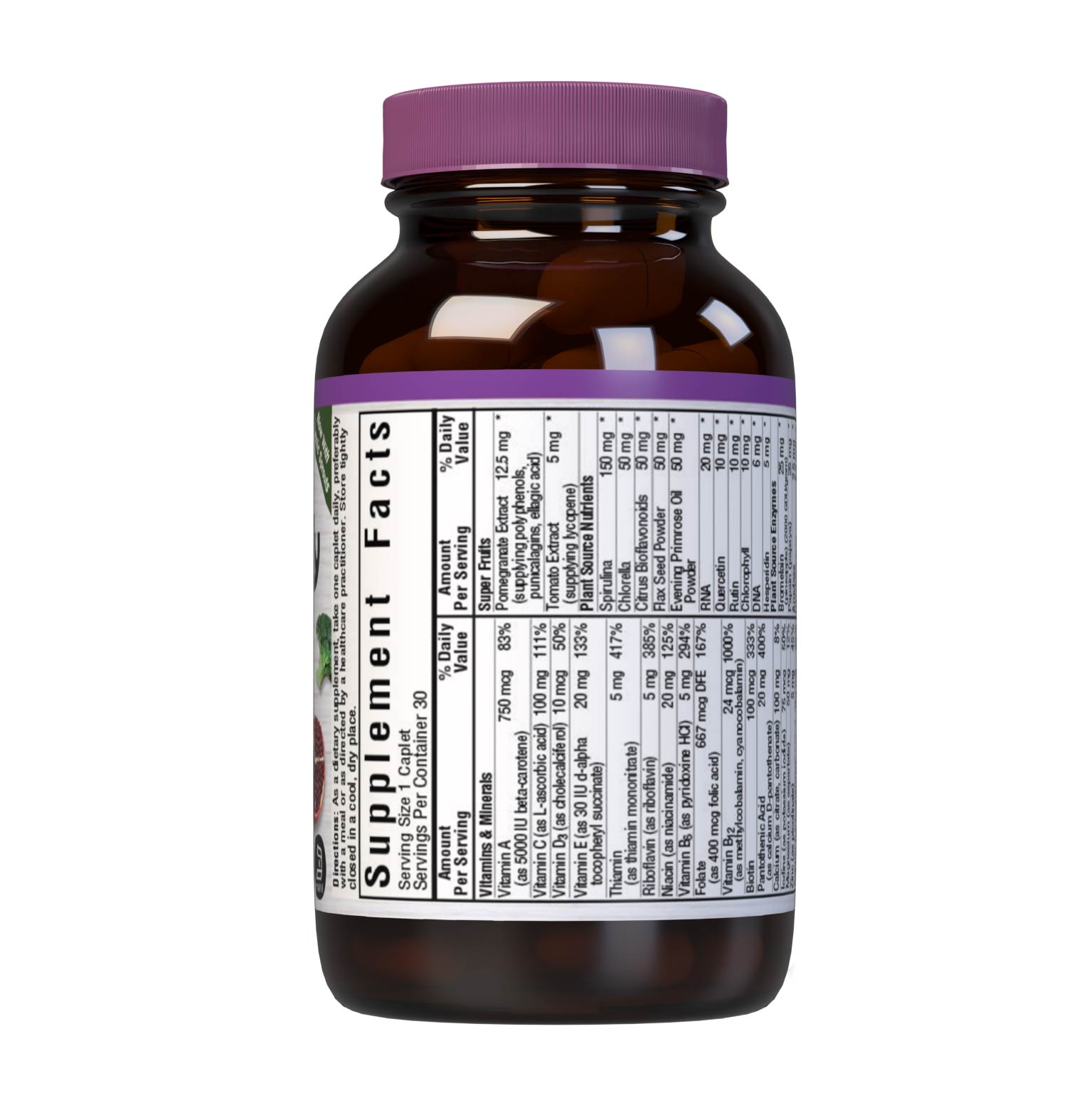 SingleDaily Multiple (Iron-Free) 30 caplets whole food-based formula offers essential vitamins, minerals and enzymes from unique, kosher-certified, plant-based ingredients, such as adaptogenic and immune-boosting herbs, greens from nutrient-dense spirulina, chlorella and chlorophyll, lycopene from tomatoes and potent anti-aging antioxidants from pomegranate fruit. Supplement facts panel. #size_30 count