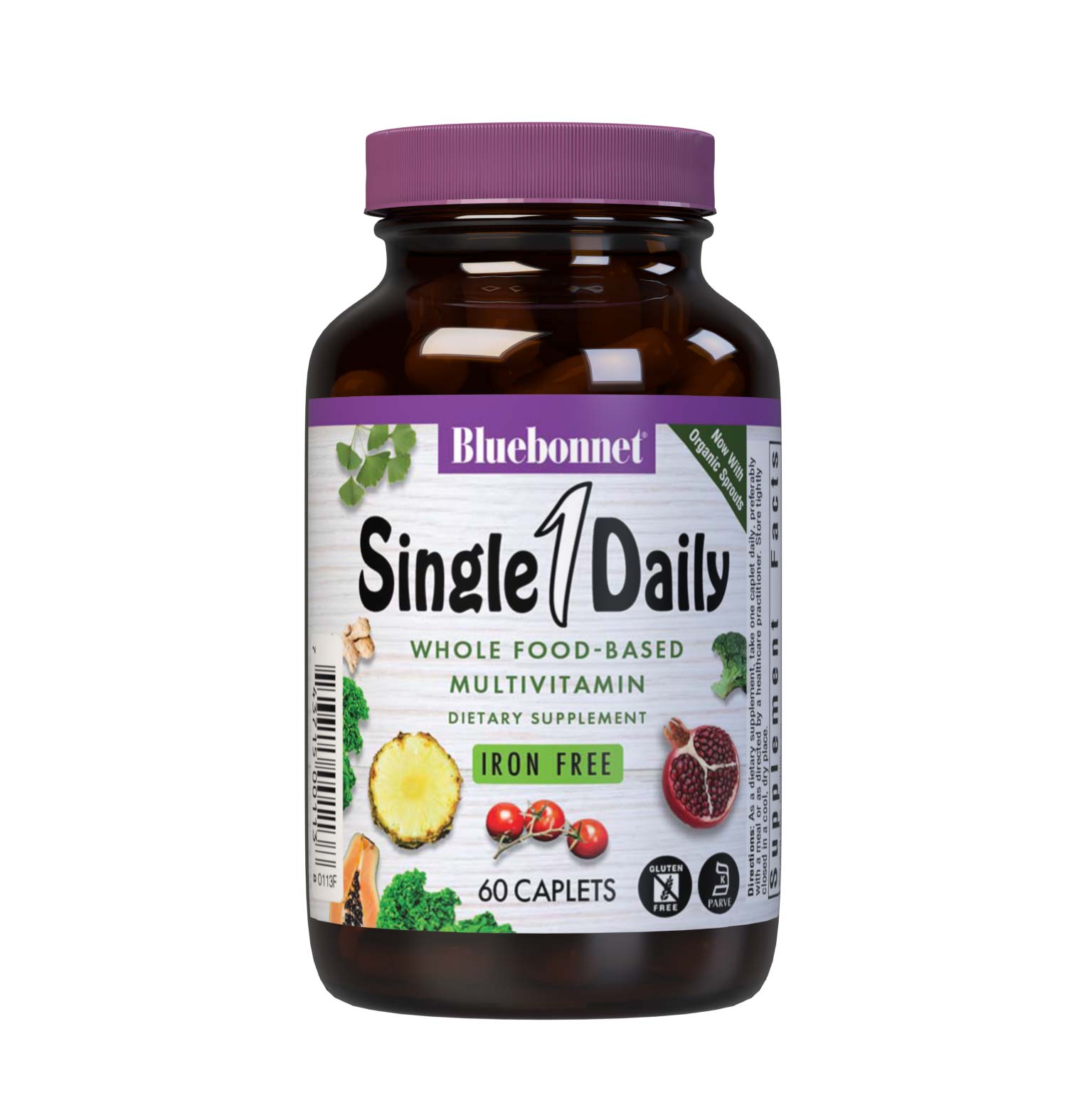 SingleDaily Multiple (Iron-Free) 60 caplets whole food-based formula offers essential vitamins, minerals and enzymes from unique, kosher-certified, plant-based ingredients, such as adaptogenic and immune-boosting herbs, greens from nutrient-dense spirulina, chlorella and chlorophyll, lycopene from tomatoes and potent anti-aging antioxidants from pomegranate fruit. #size_60 count