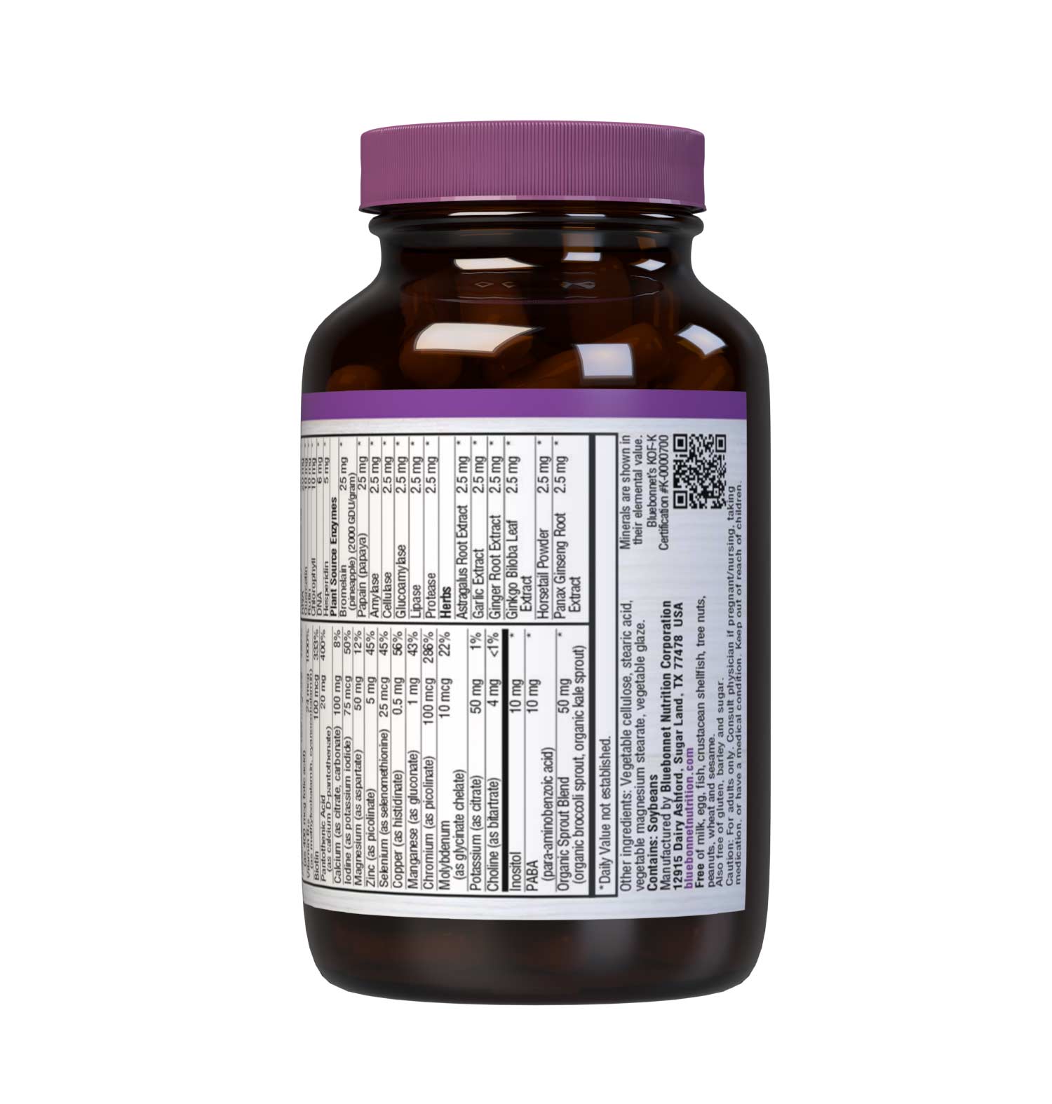 SingleDaily Multiple (Iron-Free) 60 caplets whole food-based formula offers essential vitamins, minerals and enzymes from unique, kosher-certified, plant-based ingredients, such as adaptogenic and immune-boosting herbs, greens from nutrient-dense spirulina, chlorella and chlorophyll, lycopene from tomatoes and potent anti-aging antioxidants from pomegranate fruit. Description panel. #size_60 count