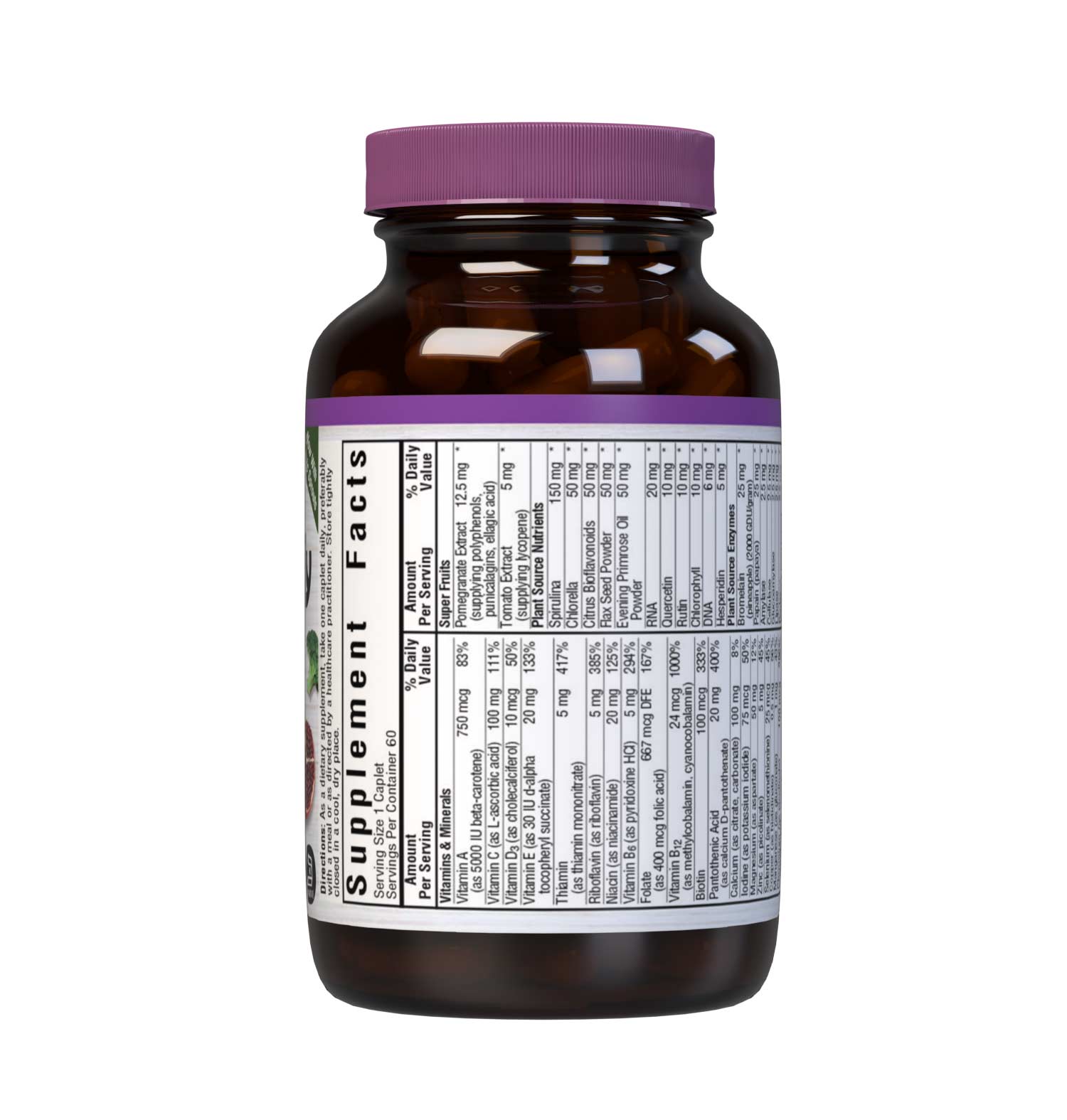 SingleDaily Multiple (Iron-Free) 60 caplets whole food-based formula offers essential vitamins, minerals and enzymes from unique, kosher-certified, plant-based ingredients, such as adaptogenic and immune-boosting herbs, greens from nutrient-dense spirulina, chlorella and chlorophyll, lycopene from tomatoes and potent anti-aging antioxidants from pomegranate fruit. Supplement facts panel. #size_60 count