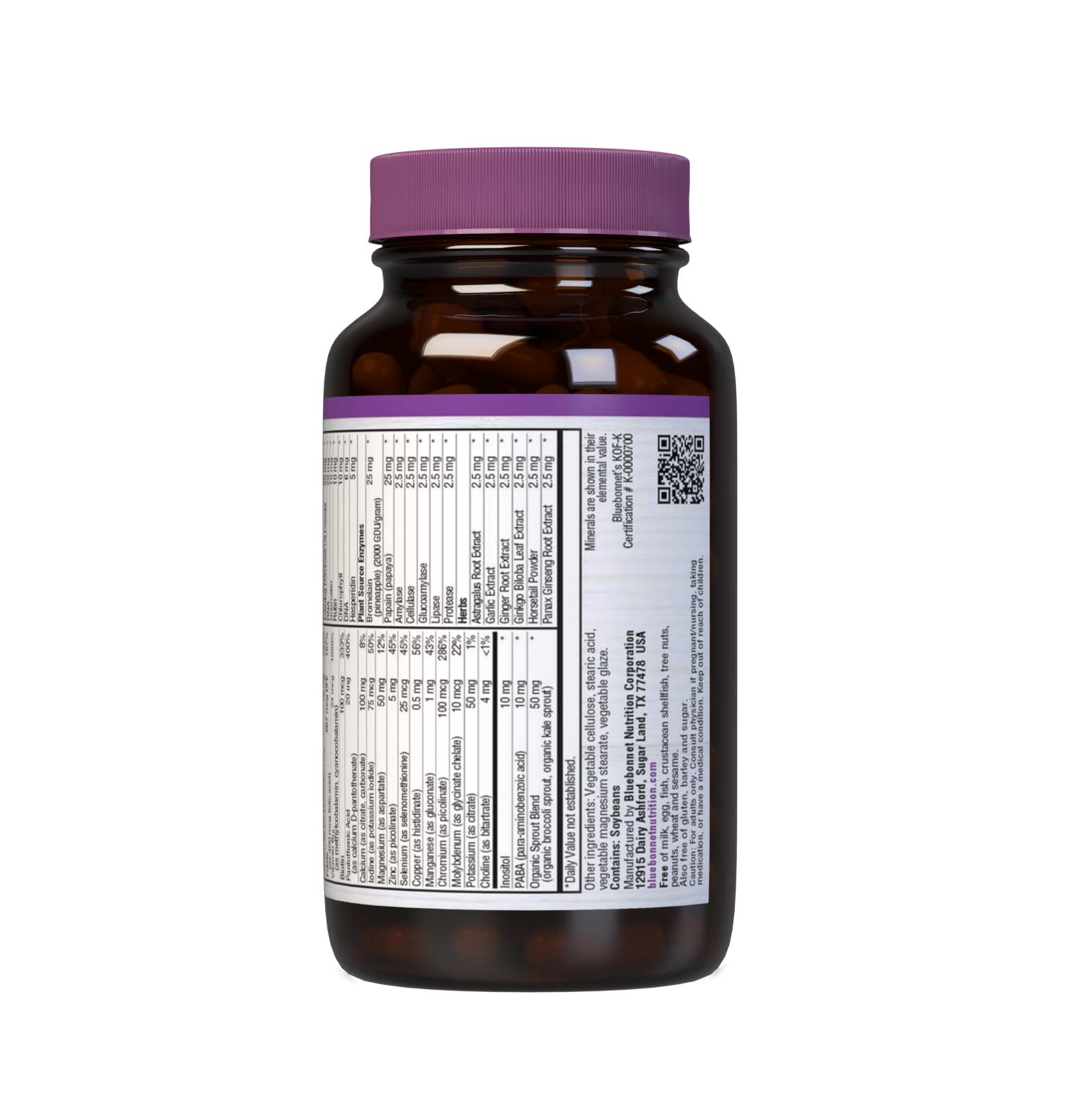 SingleDaily Multiple (Iron-Free) 90 caplets whole food-based formula offers essential vitamins, minerals and enzymes from unique, kosher-certified, plant-based ingredients, such as adaptogenic and immune-boosting herbs, greens from nutrient-dense spirulina, chlorella and chlorophyll, lycopene from tomatoes and potent anti-aging antioxidants from pomegranate fruit. Description panel. #size_90 count