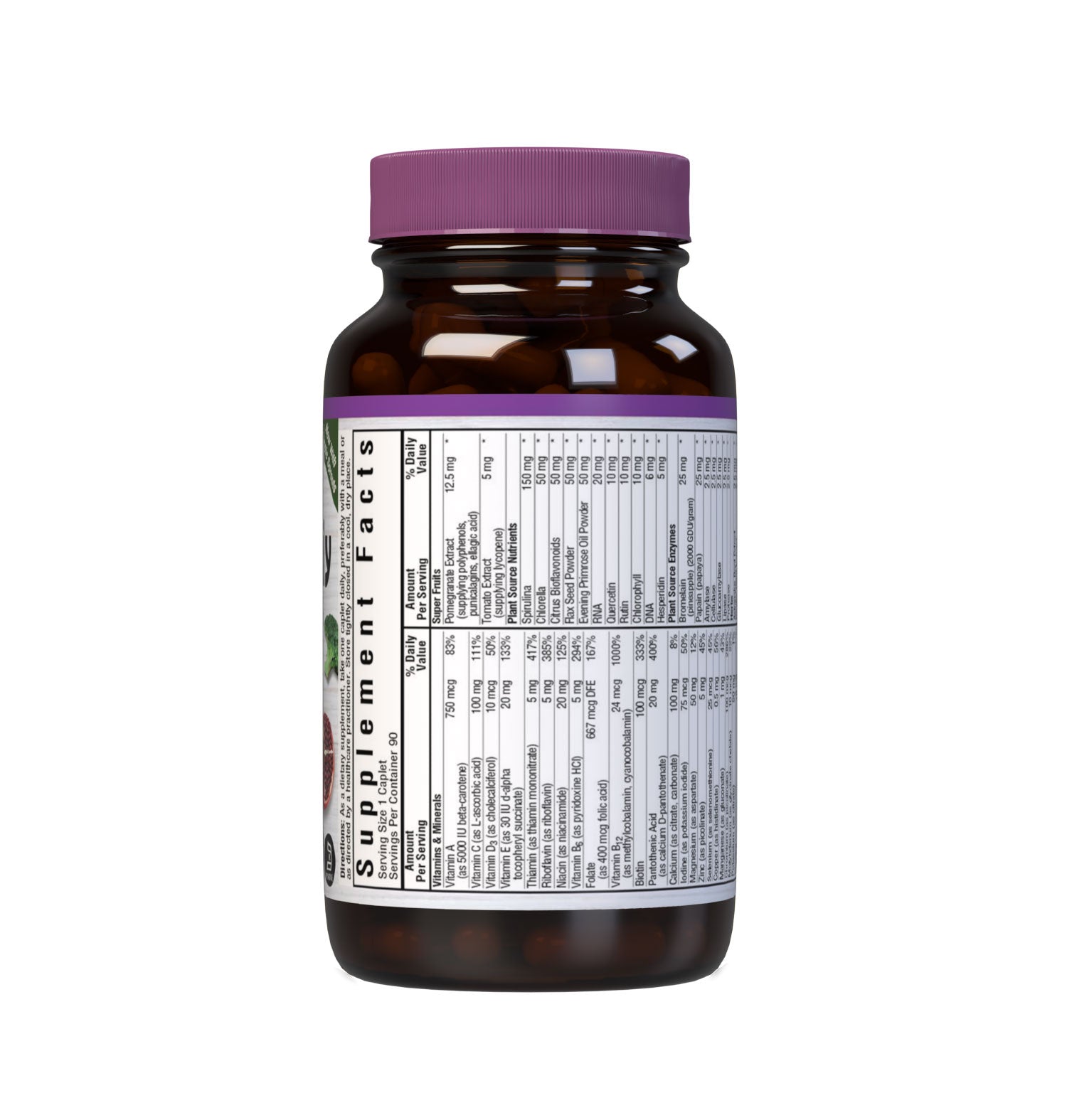 SingleDaily Multiple (Iron-Free) 90 caplets whole food-based formula offers essential vitamins, minerals and enzymes from unique, kosher-certified, plant-based ingredients, such as adaptogenic and immune-boosting herbs, greens from nutrient-dense spirulina, chlorella and chlorophyll, lycopene from tomatoes and potent anti-aging antioxidants from pomegranate fruit. Supplement facts panel. #size_90 count