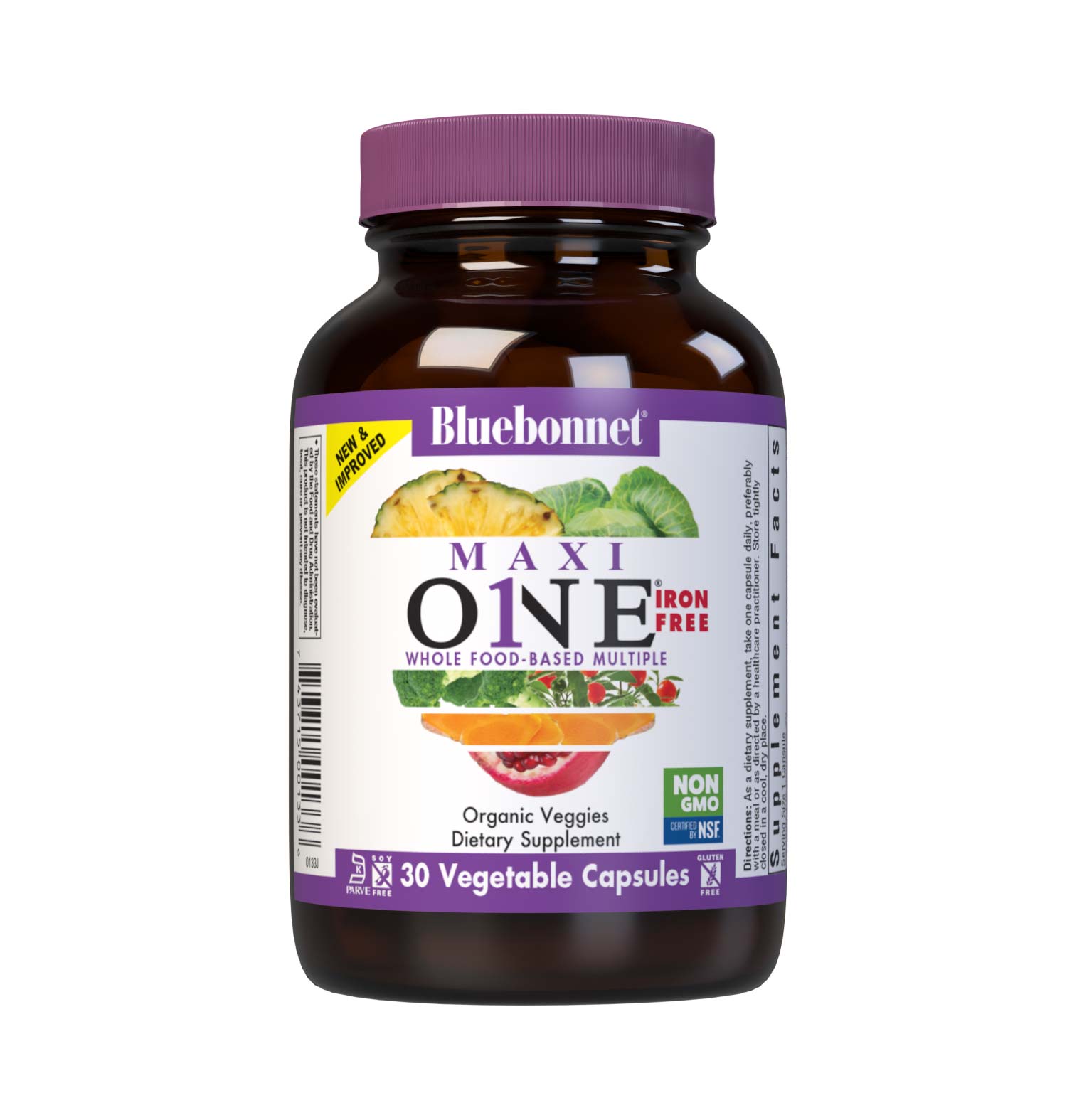 Bluebonnet’s Maxi ONE formula (Iron-Free) 30 vegetable capsules is a higher potency, single daily multivitamin and multimineral dietary supplement in a capsule and is formulated with highly efficient patented Albion chelated minerals, vitamin K2 from natto, select coenzyme B vitamins along with energy & vitality, organic whole food, and plant source enzyme blends. #size_30 count