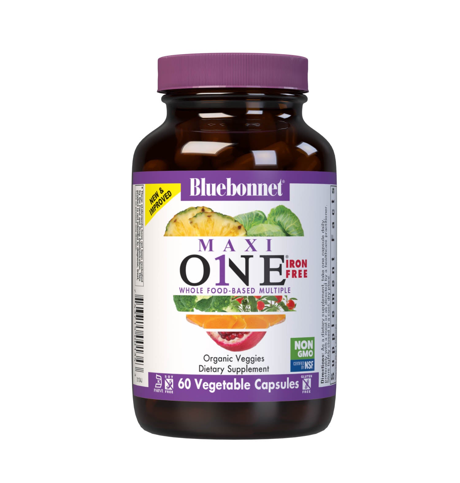 Bluebonnet’s Maxi ONE formula (Iron-Free) 60 vegetable capsules is a higher potency, single daily multivitamin and multimineral dietary supplement in a capsule and is formulated with highly efficient patented Albion chelated minerals, vitamin K2 from natto, select coenzyme B vitamins along with energy & vitality, organic whole food, and plant source enzyme blends. #size_60 count