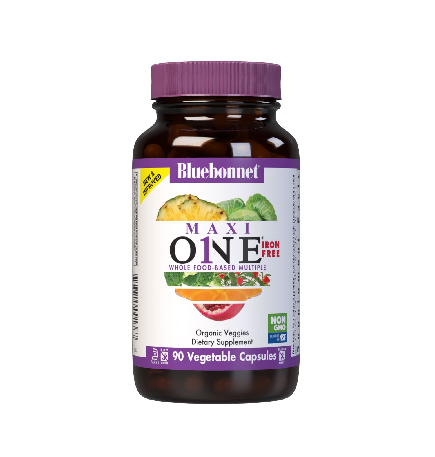 Bluebonnet’s Maxi ONE formula (Iron-Free) 90 vegetable capsules is a higher potency, single daily multivitamin and multimineral dietary supplement in a capsule and is formulated with highly efficient patented Albion chelated minerals, vitamin K2 from natto, select coenzyme B vitamins along with energy & vitality, organic whole food, and plant source enzyme blends. #size_90 count