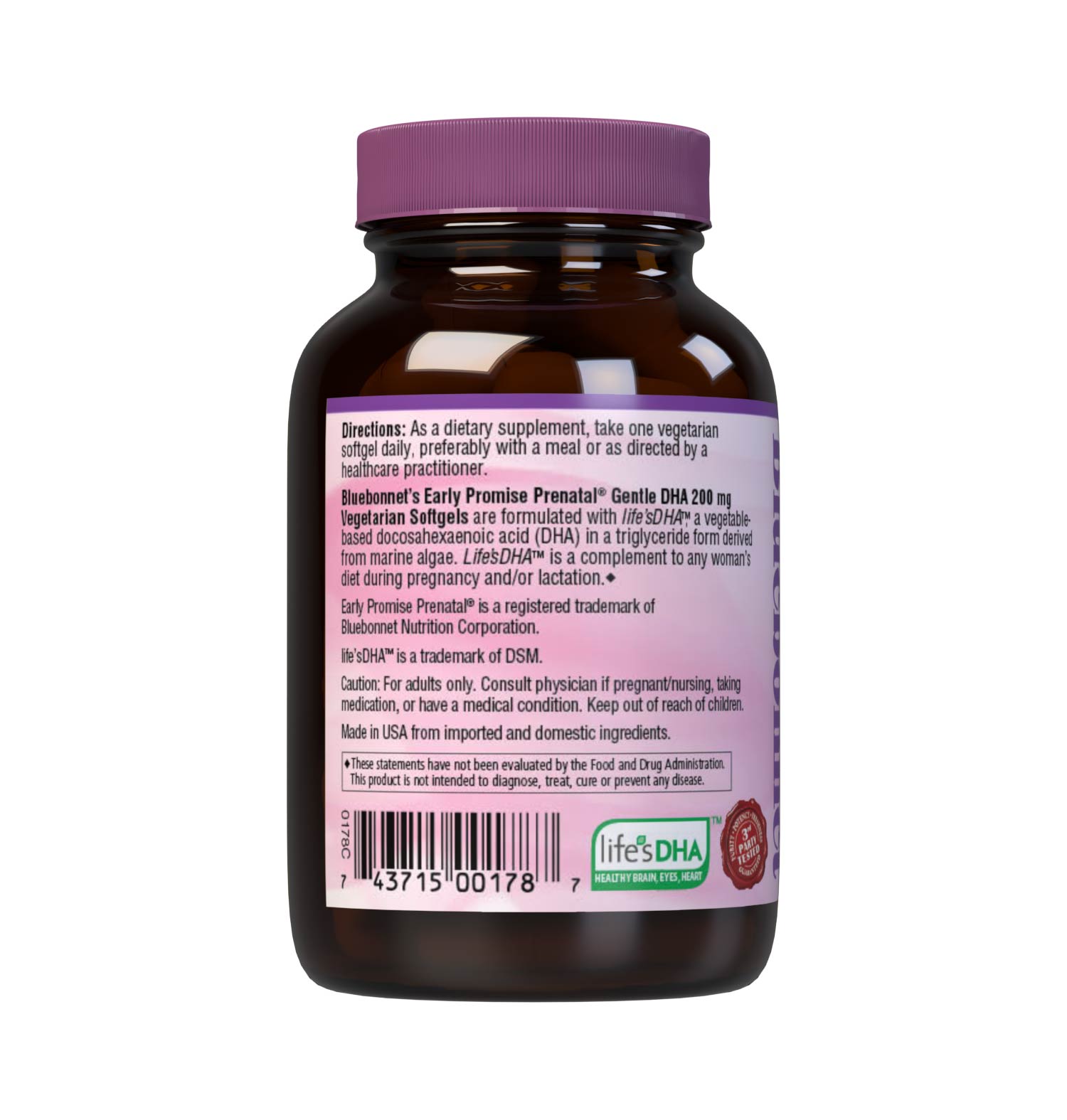 Early Promise Prenatal Gentle DHA 200 mg 30 Vegetarian Softgels are formulated with life'sDHA, a vegetable-based docosahexaenoic acid (DHA) in a triglyceride form derived from marine algae. Life'sDHA™ is the perfect complement to any woman's diet during pregnancy and/or lactation. Description panel. #size_30 count
