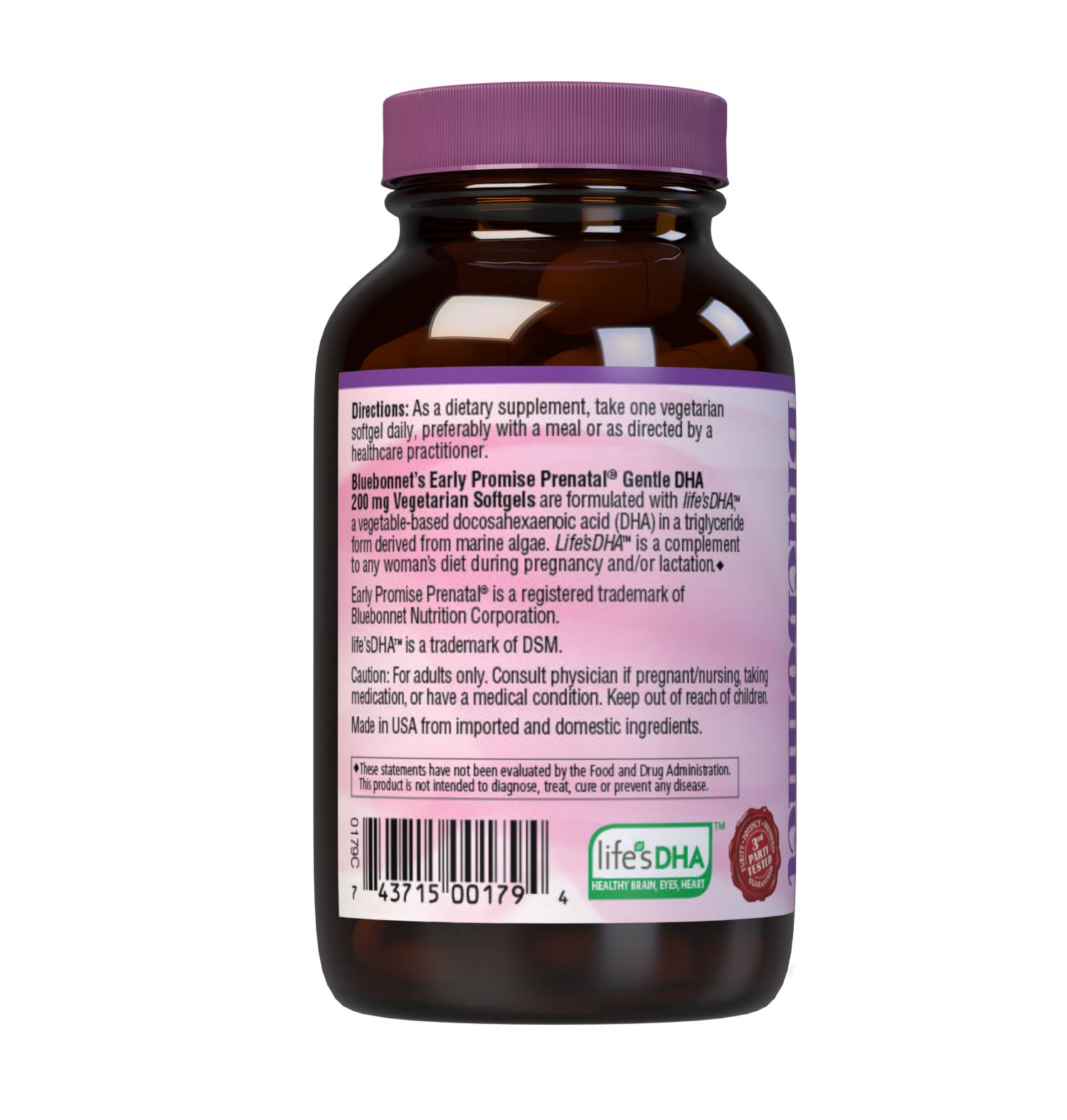 Early Promise Prenatal Gentle DHA 200 mg 60 Vegetarian Softgels are formulated with life'sDHA, a vegetable-based docosahexaenoic acid (DHA) in a triglyceride form derived from marine algae. Life'sDHA™ is the perfect complement to any woman's diet during pregnancy and/or lactation. Description panel. #size_60 count