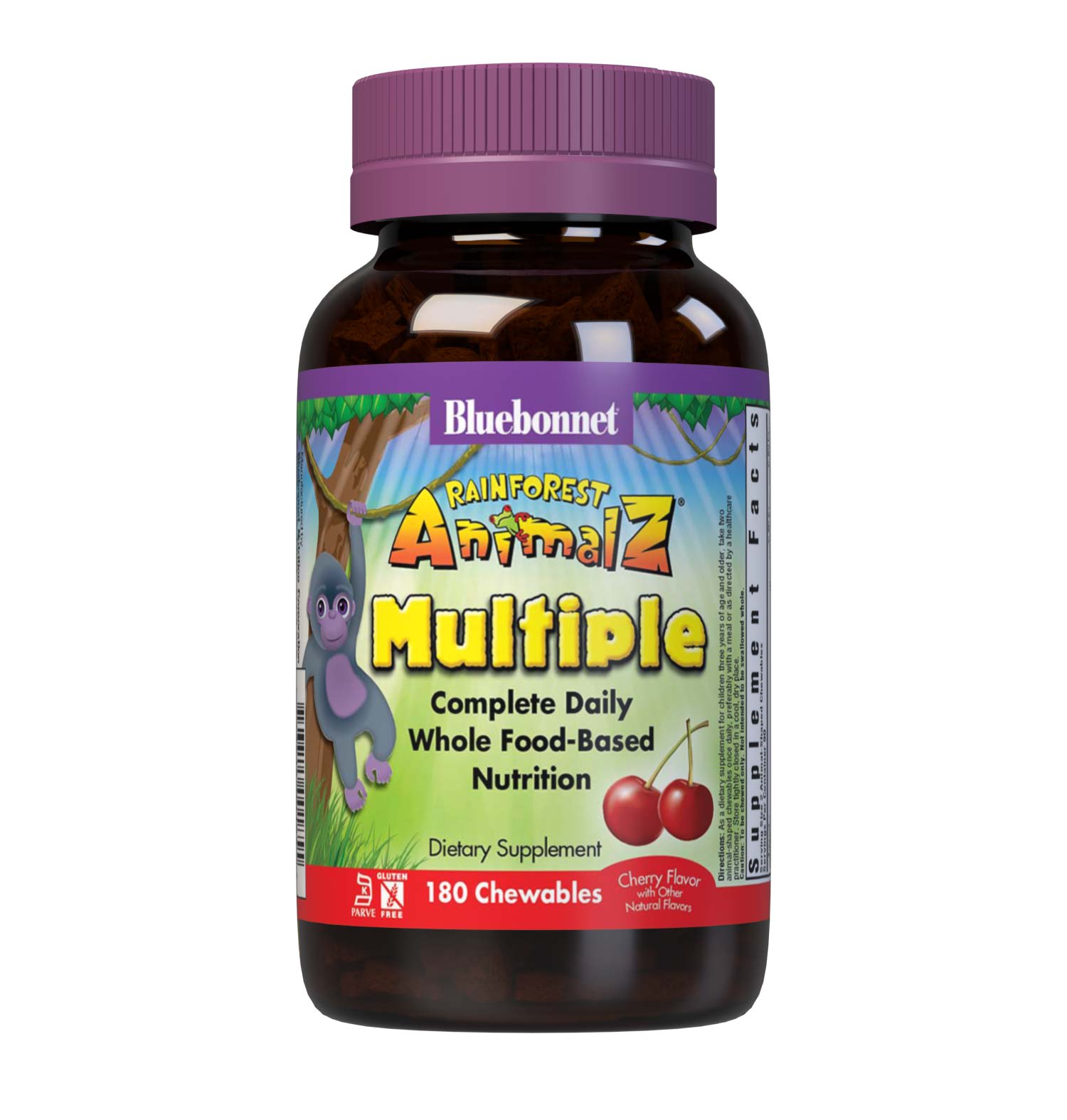 Bluebonnet Rainforest Animalz Whole Food Based Multiple 180 Animal-Shaped Chewables helps bridge the nutrient gap by providing a comprehensive blend of super fruits and veggies that are rich in essential vitamins and minerals in tasty, delicious flavored chewable tablets to support their growth and developmental needs. #size_180 count