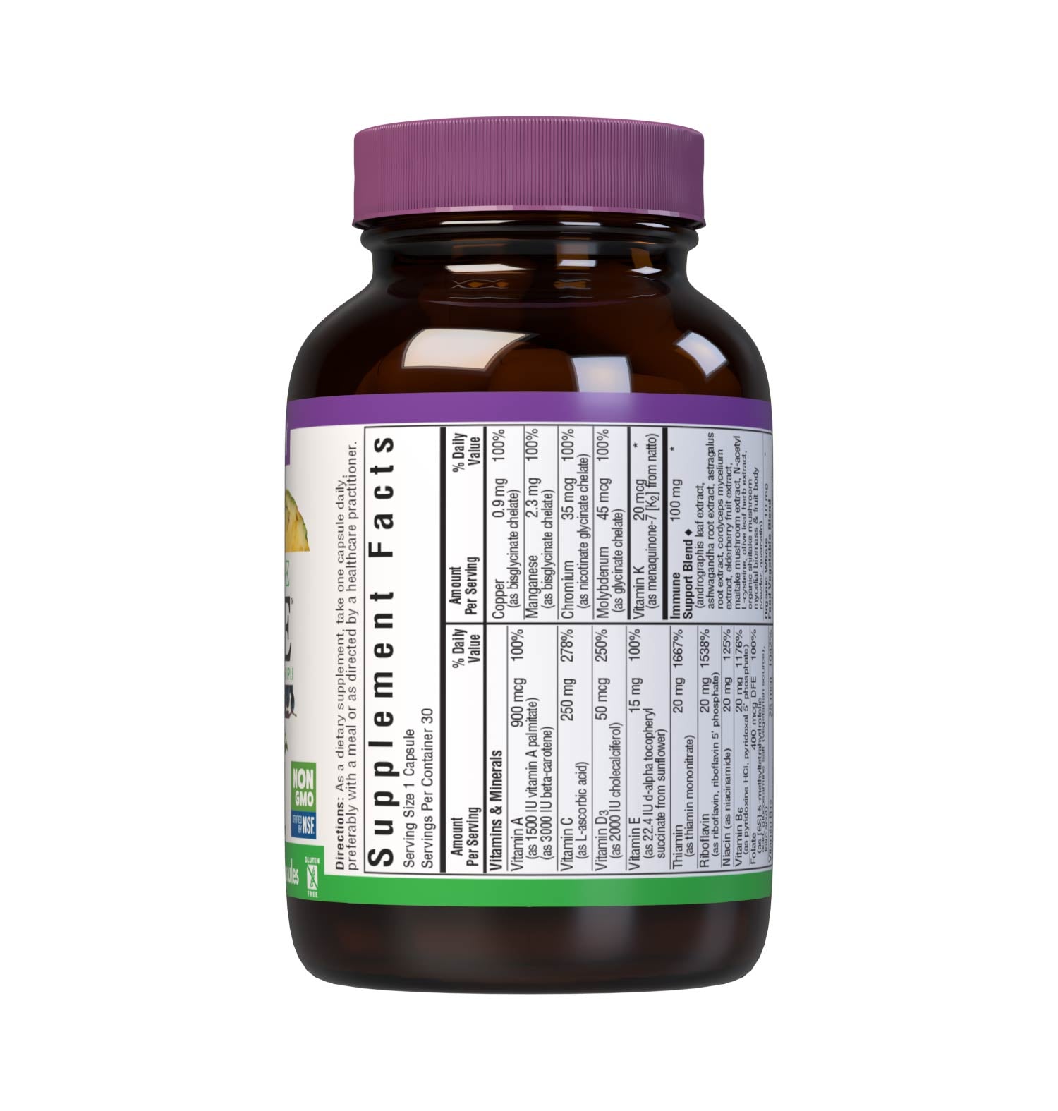Bluebonnet Nutrition's Immune One 30 vegetable capsules delivers targeted nutrients for respiratory support, sinus comfort, immune defense and antioxidant protection including: Vitamin E derived from Non-GMO sunflower oil Active coenzyme forms of B vitamins. Supplement facts panel. #size_30 count