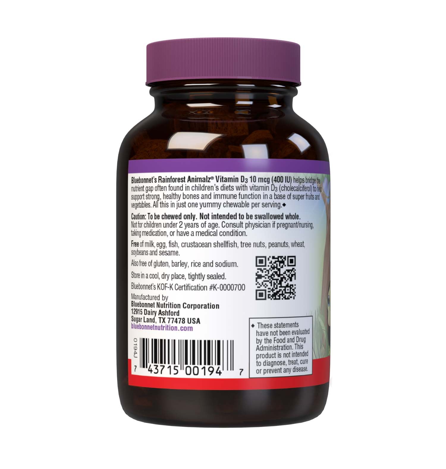 Bluebonnet's Rainforest Animalz® Vitamin D3 400 IU helps bridge the nutrient gap often found in children's diets with a vitamin D3 (cholecalciferol) in a base of super fruits and vegetables to help support strong health bones and immune function. All this in just one yummy chewable per serving. Description panel. #size_90 count