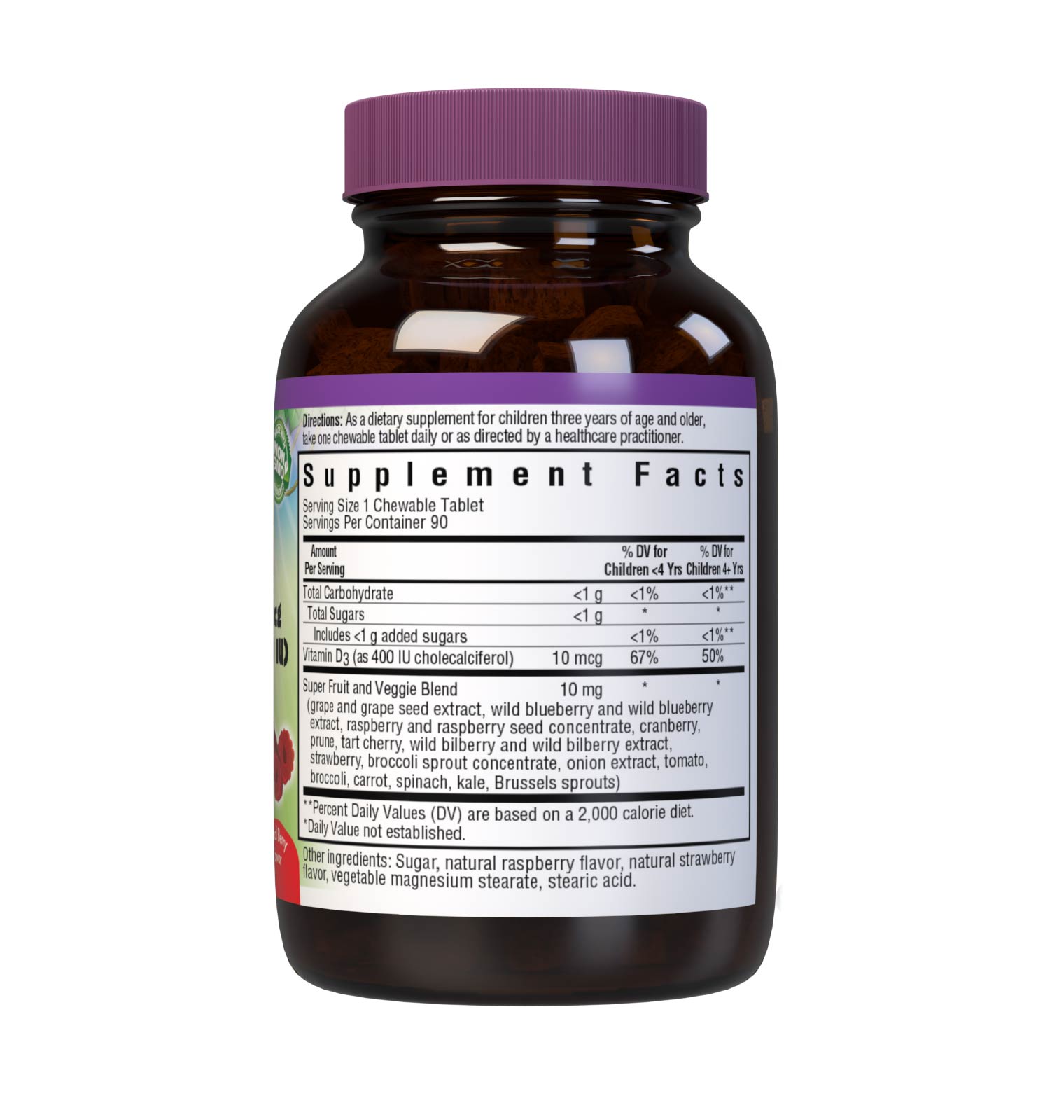 Bluebonnet's Rainforest Animalz® Vitamin D3 400 IU helps bridge the nutrient gap often found in children's diets with a vitamin D3 (cholecalciferol) in a base of super fruits and vegetables to help support strong health bones and immune function. All this in just one yummy chewable per serving. Supplement facts panel. #size_90 count