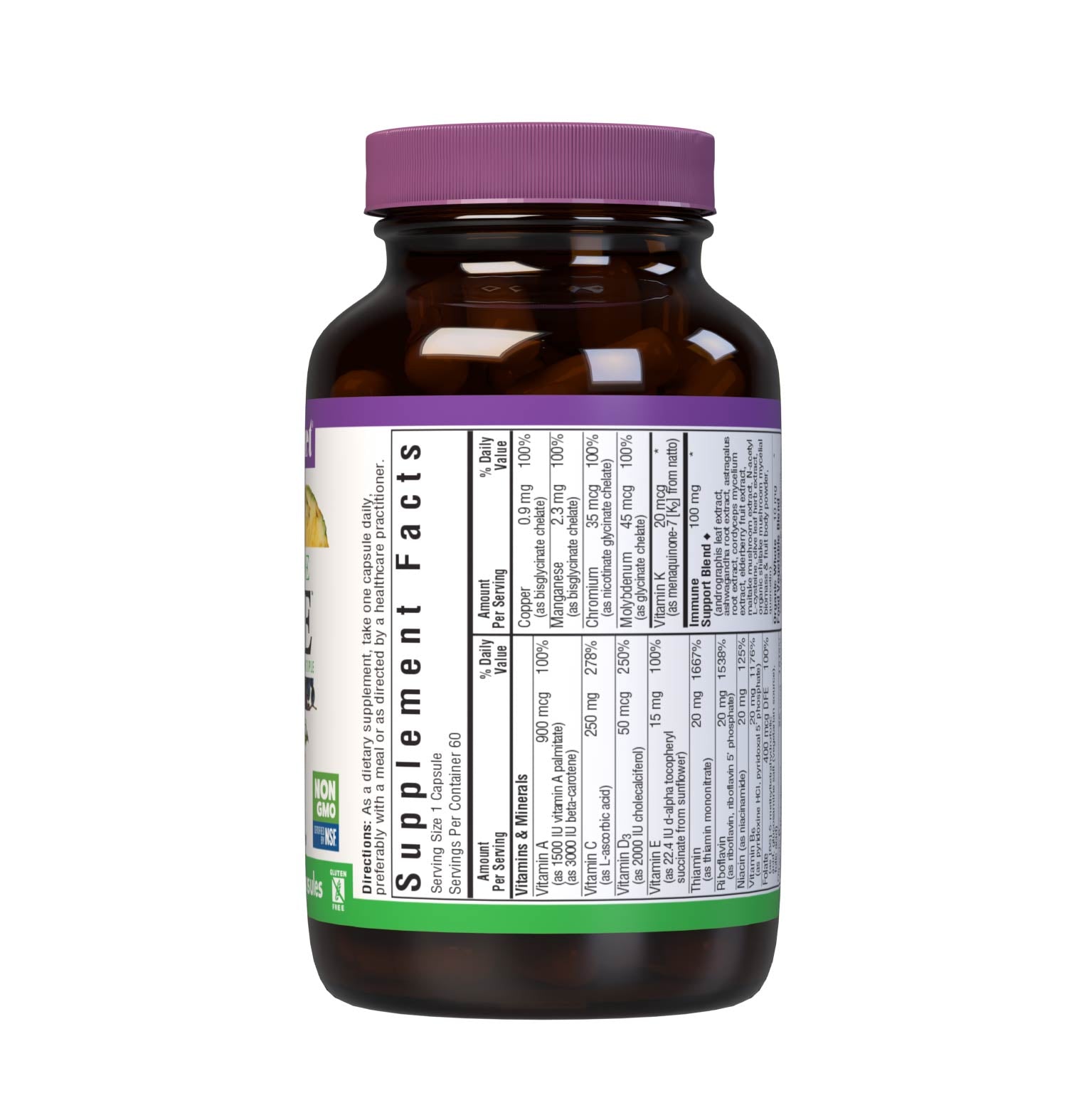 Bluebonnet Nutrition's Immune One 60 vegetable capsules delivers targeted nutrients for respiratory support, sinus comfort, immune defense and antioxidant protection including: Vitamin E derived from Non-GMO sunflower oil Active coenzyme forms of B vitamins. Supplement facts panel. #size_60 count