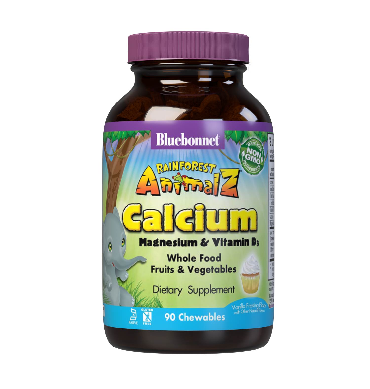 Bluebonnet's Rainforest Animalz Calcium Magnesium & Vitamin D3 90 chewables helps bridge the nutrient gap often found in children's diets with more absorbable forms of calcium, magnesium, as well as vitamin D3 (cholecalciferol) to help support strong bones and healthy teeth in a base of super fruits and vegetables. All this in just two yummy animal-shaped chewables per serving. #size_90 count