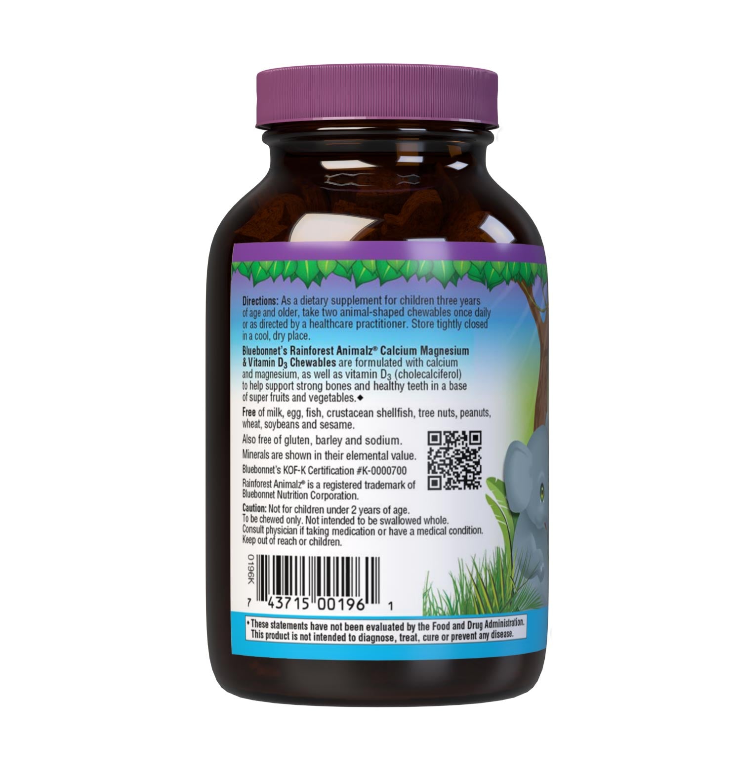 Bluebonnet's Rainforest Animalz Calcium Magnesium & Vitamin D3 90 chewables helps bridge the nutrient gap often found in children's diets with more absorbable forms of calcium, magnesium, as well as vitamin D3 (cholecalciferol) to help support strong bones and healthy teeth in a base of super fruits and vegetables. All this in just two yummy animal-shaped chewables per serving. Description panel. #size_90 count