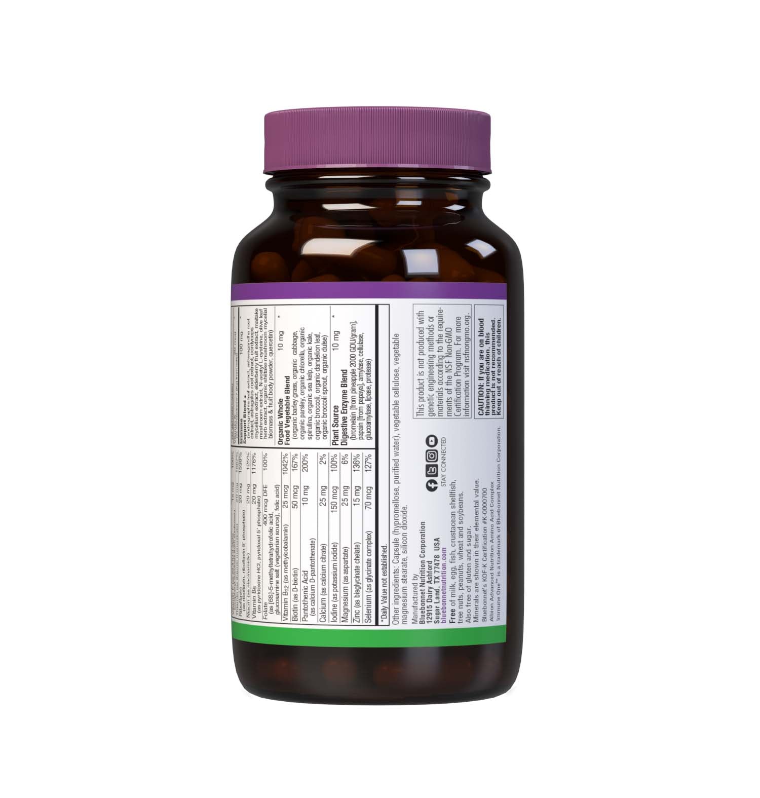 Bluebonnet Nutrition's Immune One 90 vegetable capsules delivers targeted nutrients for respiratory support, sinus comfort, immune defense and antioxidant protection including: Vitamin E derived from Non-GMO sunflower oil Active coenzyme forms of B vitamins. Description panel. #size_90 count