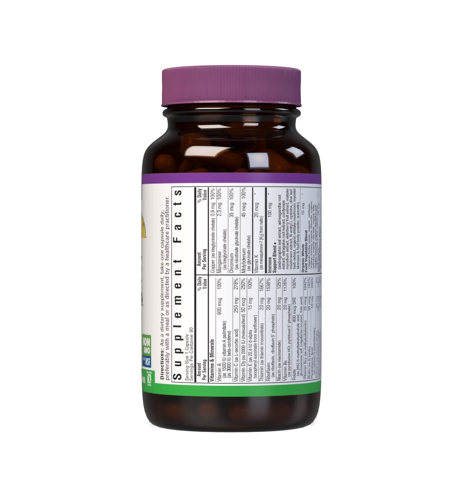 Bluebonnet Nutrition's Immune One 90 vegetable capsules delivers targeted nutrients for respiratory support, sinus comfort, immune defense and antioxidant protection including: Vitamin E derived from Non-GMO sunflower oil Active coenzyme forms of B vitamins. Supplement facts panel. #size_90 count