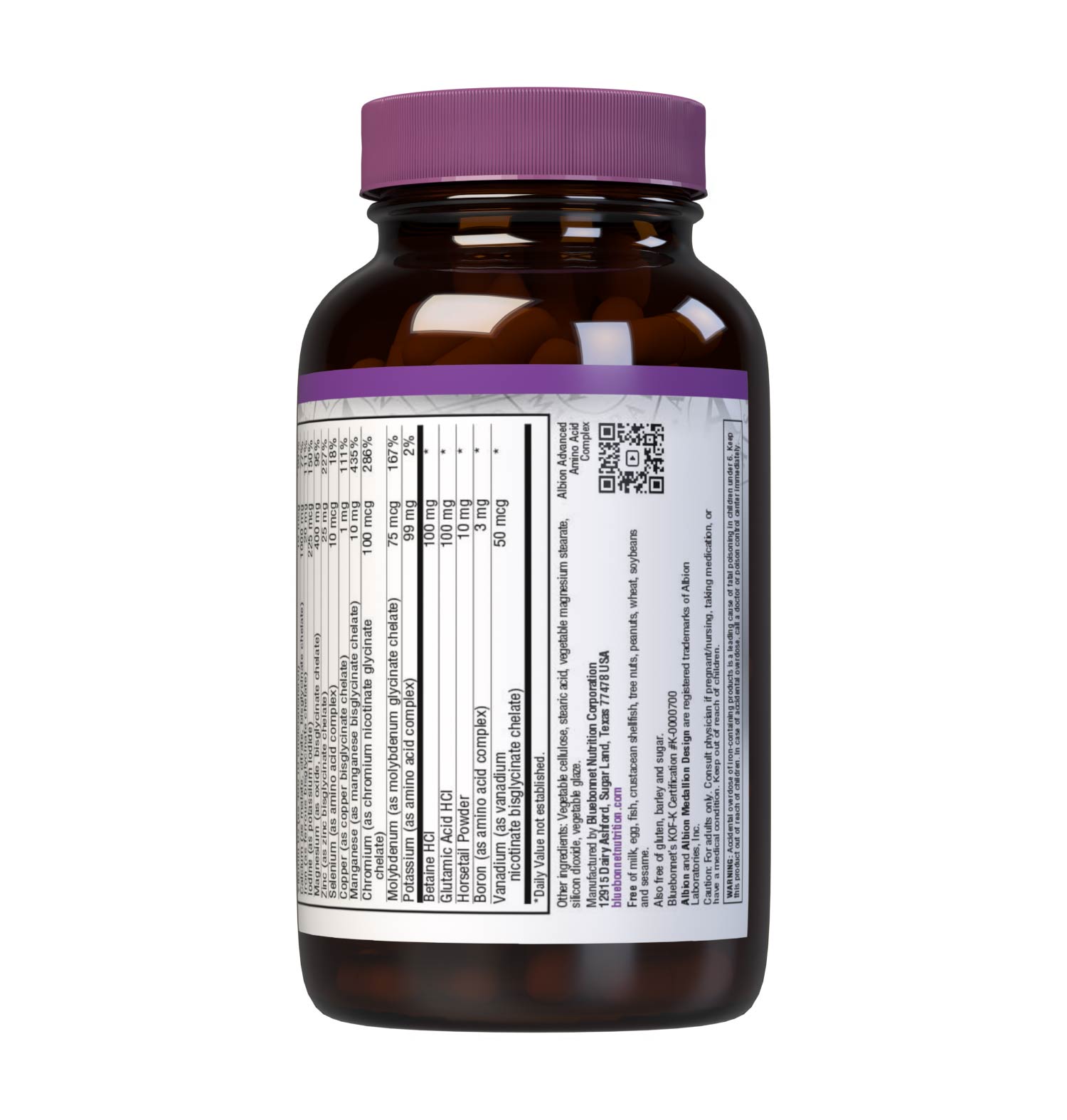 Bluebonnet’s Albion Chelated Multiminerals 120 Caplets are formulated with a fully reacted amino acid chelate multimineral supplement formulated with iron and advanced chelating agents, including: malates, citrates and glycinates. Description panel. #size_120 count