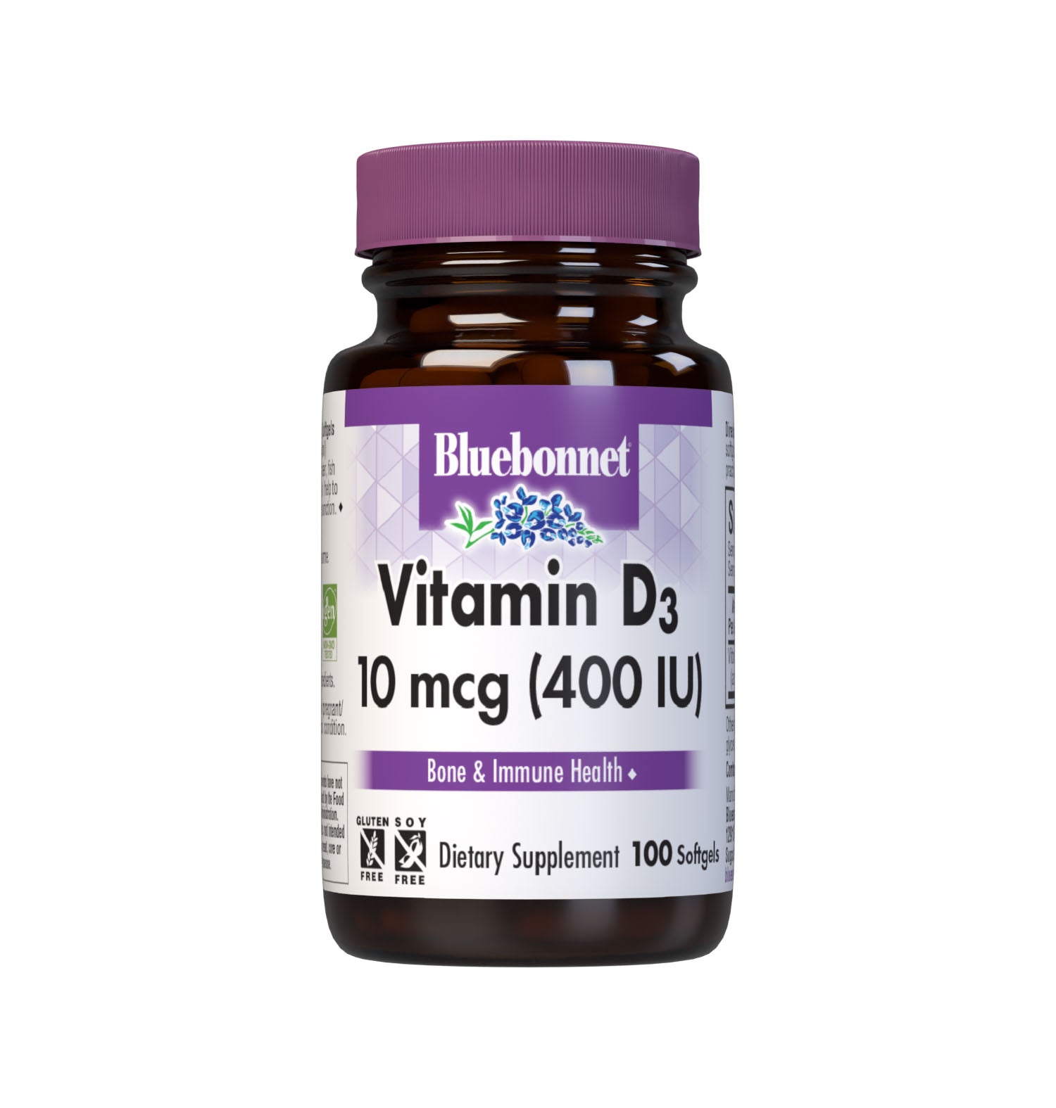 Bluebonnet’s Vitamin D3 400 IU 100 Softgels are formulated with vitamin D3 (cholecalciferol) from molecularly distilled, deep sea, cold water, fish liver oil in a base of non-GMO safflower oil. #size_100 count