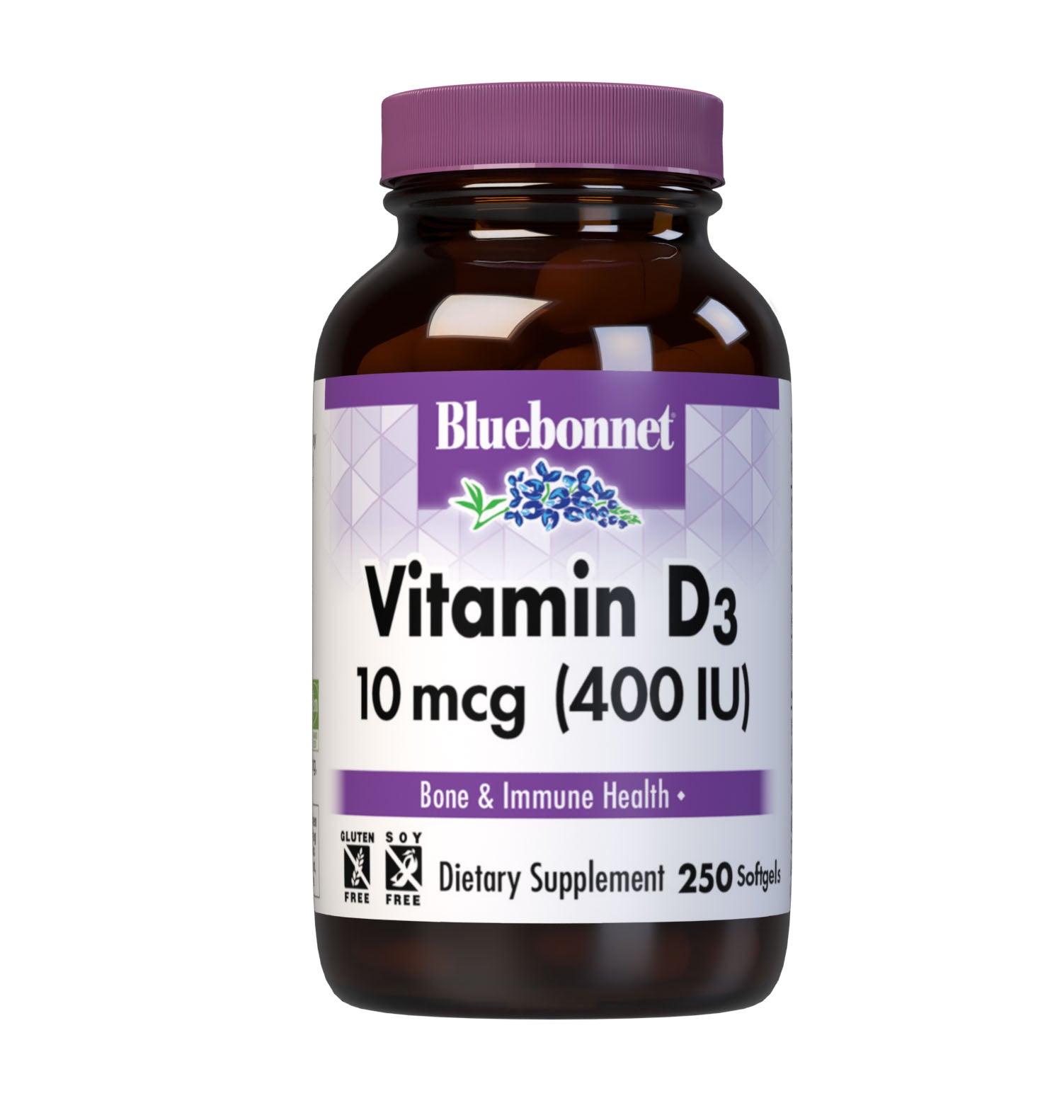 Bluebonnet’s Vitamin D3 400 IU 250 Softgels are formulated with vitamin D3 (cholecalciferol) from molecularly distilled, deep sea, cold water, fish liver oil in a base of non-GMO safflower oil. #size_250 count