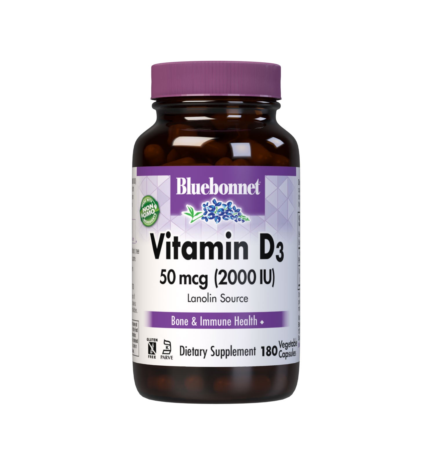 Bluebonnet’s Vitamin D3 2000 IU (50 mcg) Vegetable Capsules are formulated with vitamin D3 (cholecalciferol) from lanolin that supports strong healthy bones and immune function. #size_180 count