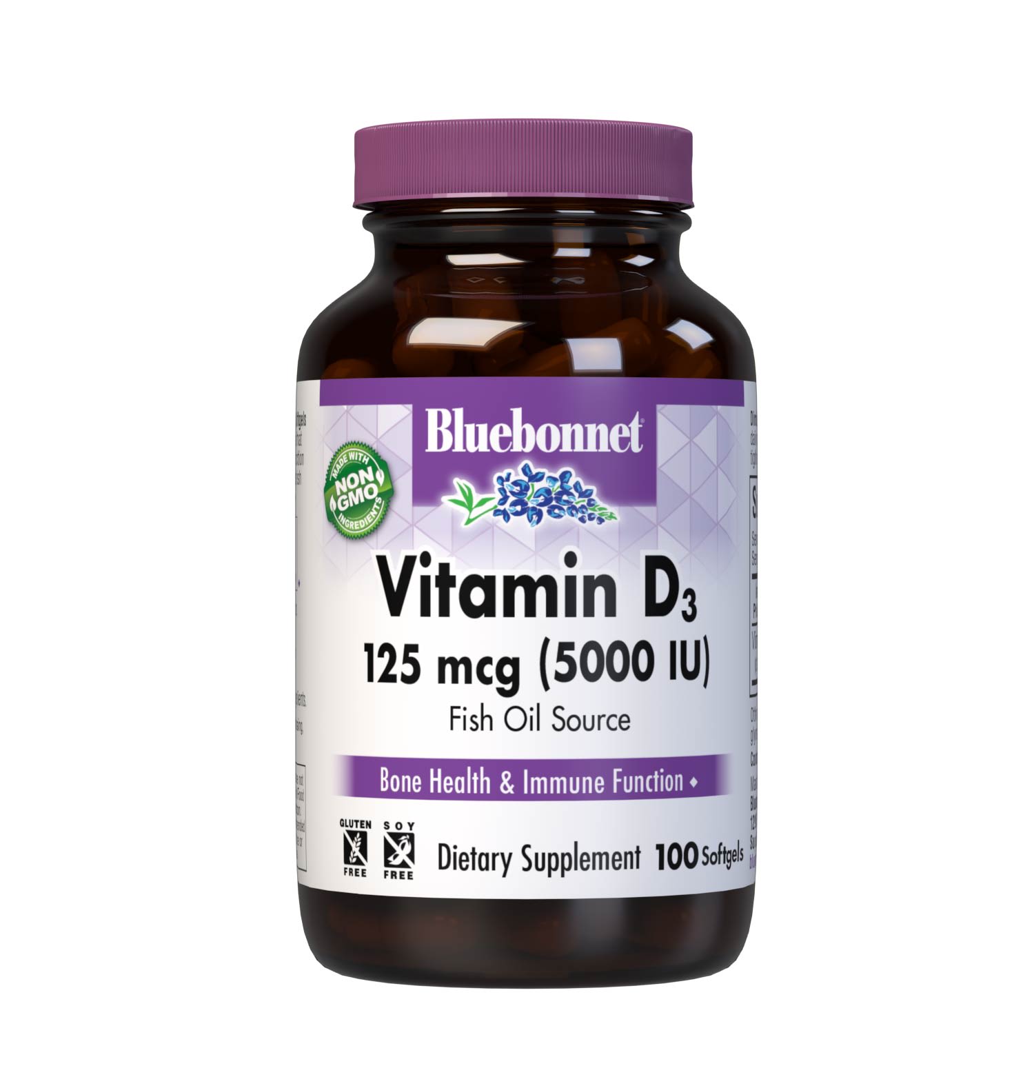 Bluebonnet’s Vitamin D3 125 mcg (5000 IU) Softgels are formulated with vitamin D3 (cholecalciferol) that supports strong healthy bones and immune function from molecularly distilled, deep sea, cold water, fish liver oil in a base of non-GMO safflower oil. #size_100 count