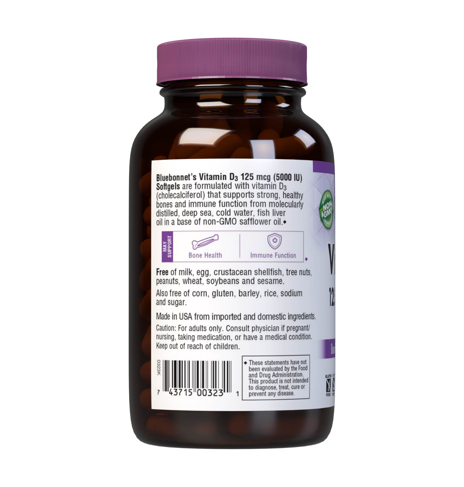 Bluebonnet’s Vitamin D3 125 mcg (5000 IU) 250 Softgels are formulated with vitamin D3 (cholecalciferol) that supports strong healthy bones and immune function from molecularly distilled, deep sea, cold water, fish liver oil in a base of non-GMO safflower oil. Description panel. #size_250 count