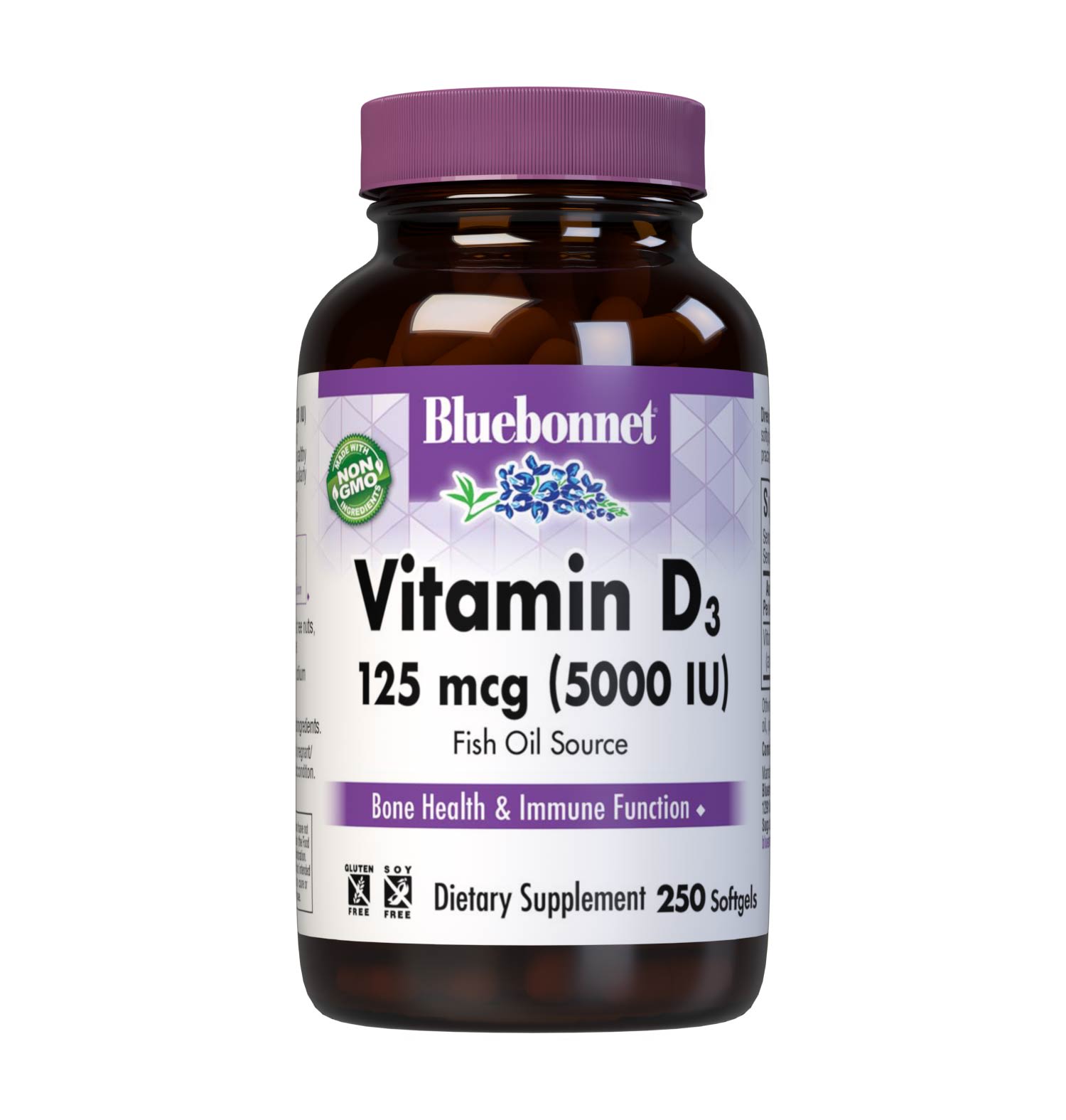 Bluebonnet’s Vitamin D3 125 mcg (5000 IU) 250 Softgels are formulated with vitamin D3 (cholecalciferol) that supports strong healthy bones and immune function from molecularly distilled, deep sea, cold water, fish liver oil in a base of non-GMO safflower oil. #size_250 count