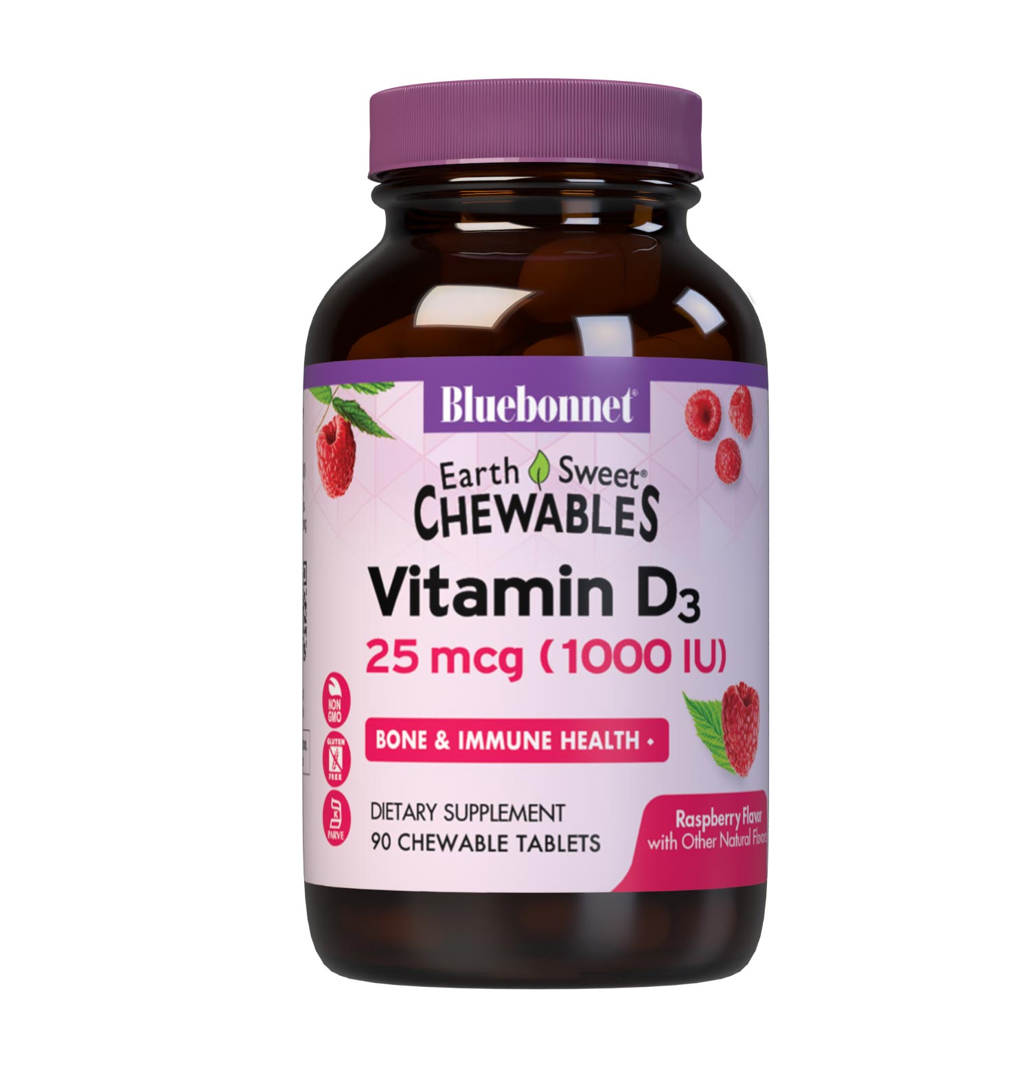 Bluebonnet’s EarthSweet Chewables Vitamin D3 1000 IU (25 mcg) 90 chewable tablets are formulated with vitamin D3 (cholecalciferol) from lanolin that supports strong bones and immune function in a delicious raspberry flavor. #size_90 count