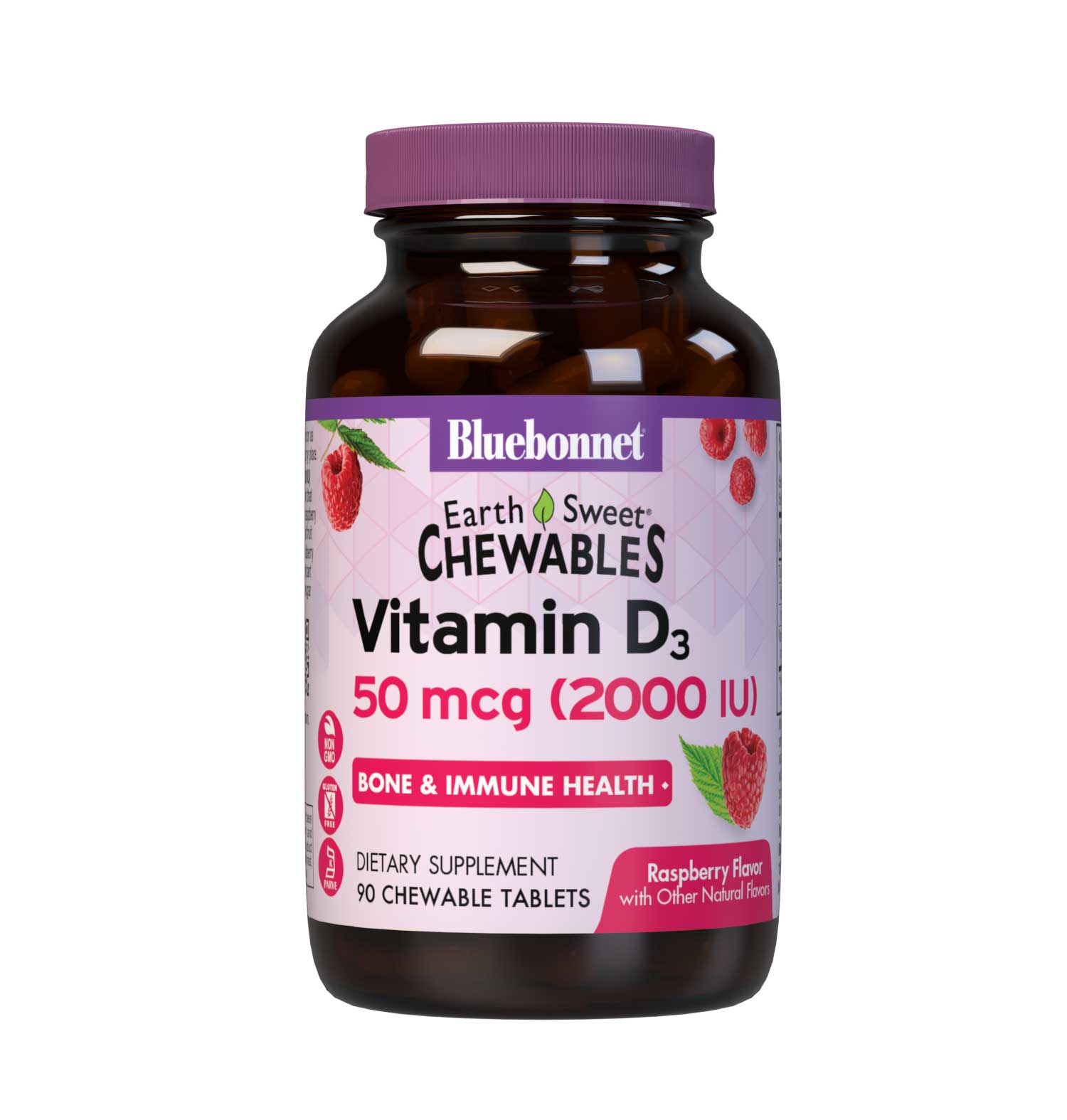 Bluebonnet’s EarthSweet Chewables Vitamin D3 50 mcg (2000 IU) 90 Chewable Tablets are formulated with vitamin D3 (cholecalciferol) from lanolin that supports strong bones and immune function in a delicious raspberry flavor. #size_90 count