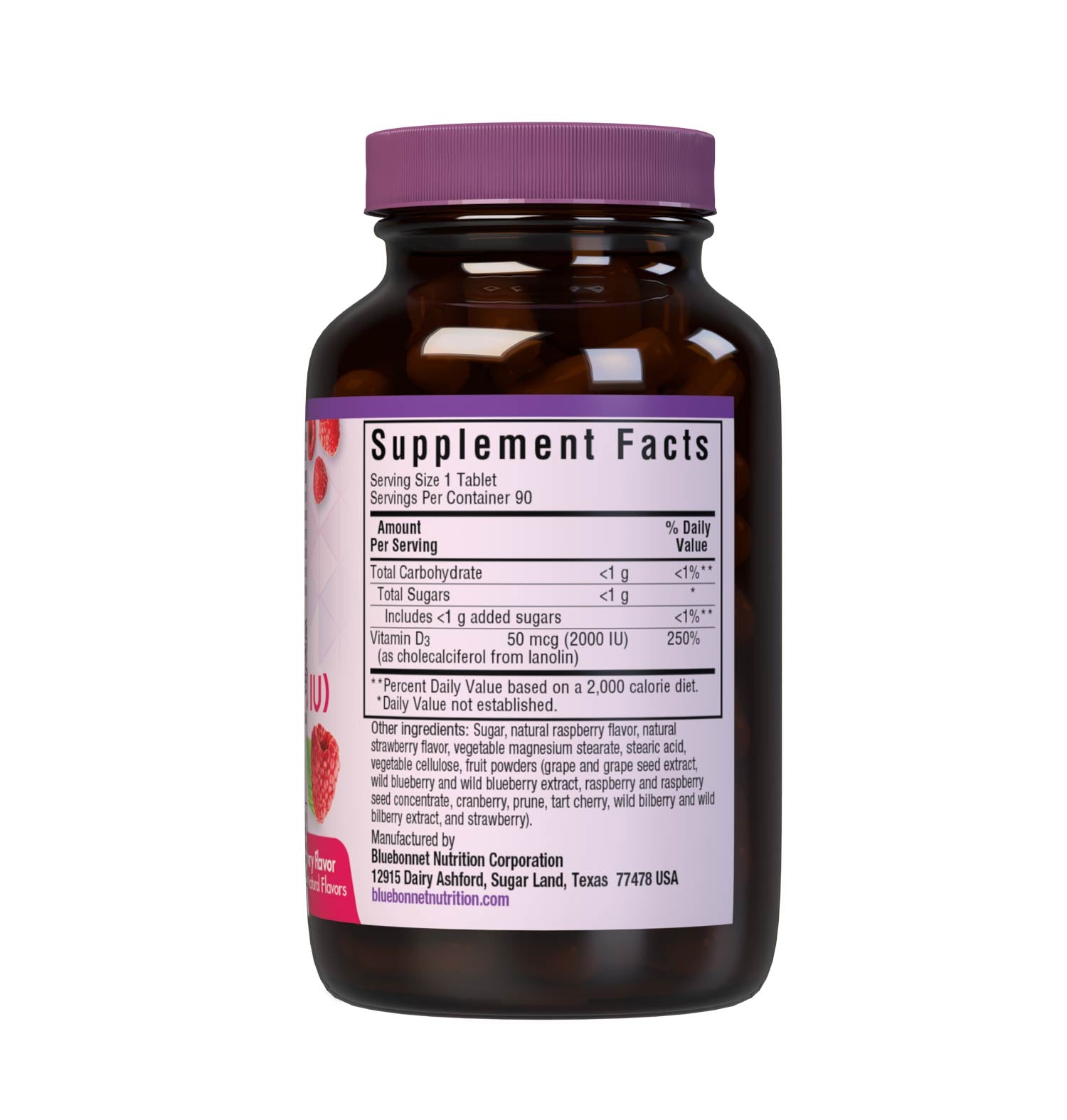 Bluebonnet’s EarthSweet Chewables Vitamin D3 50 mcg (2000 IU) 90 Chewable Tablets are formulated with vitamin D3 (cholecalciferol) from lanolin that supports strong bones and immune function in a delicious raspberry flavor. Supplement facts panel. #size_90 count