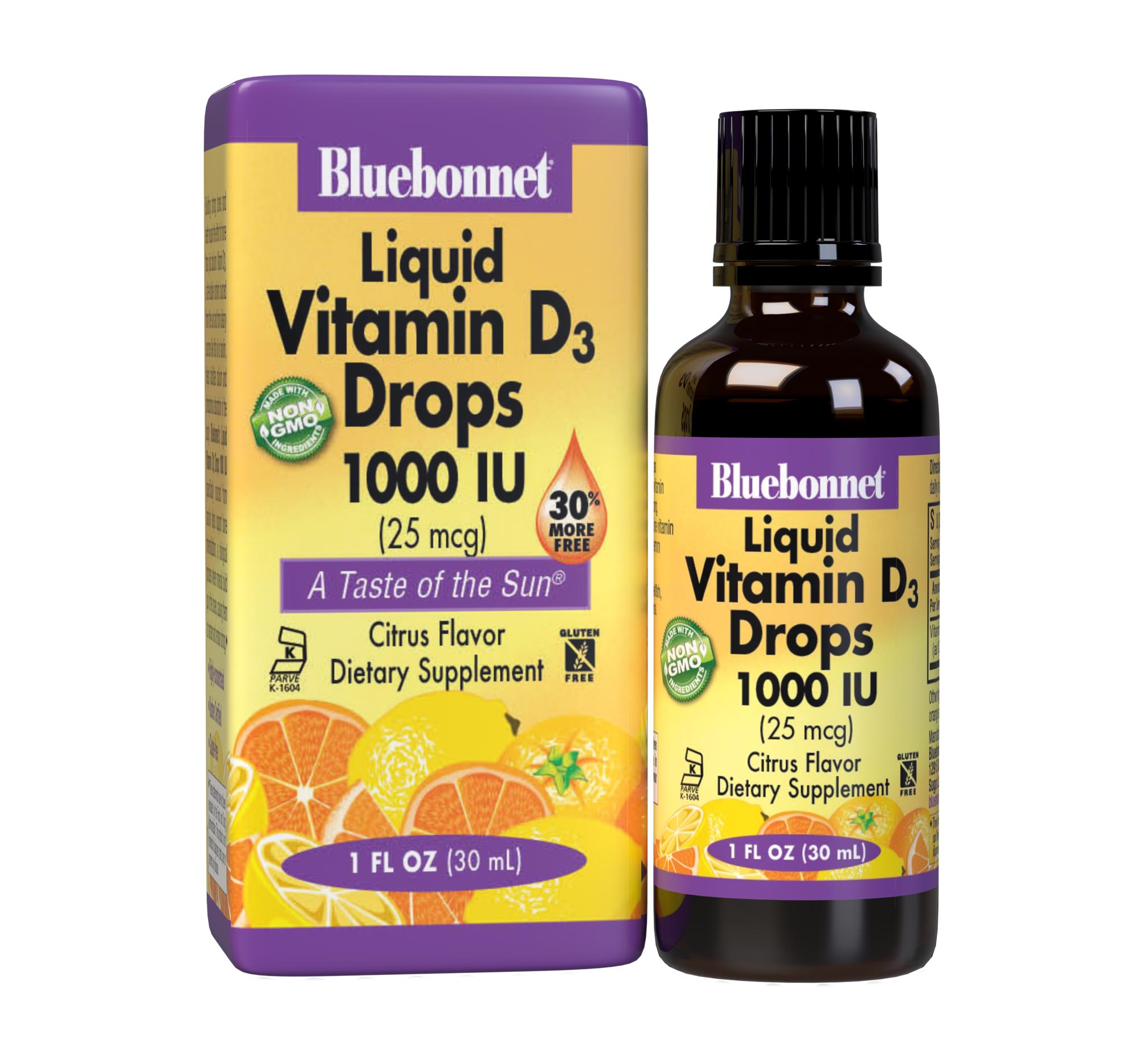 Bluebonnet’s Liquid Vitamin D3 Drops 1000 IU (25 mcg) are formulated with vitamin D3 (cholecalciferol) from lanolin for strong healthy bones. Each drop of this sunshine vitamin is flavored using a hint of orange and lemon essential oils. With box. #size_1 fl oz