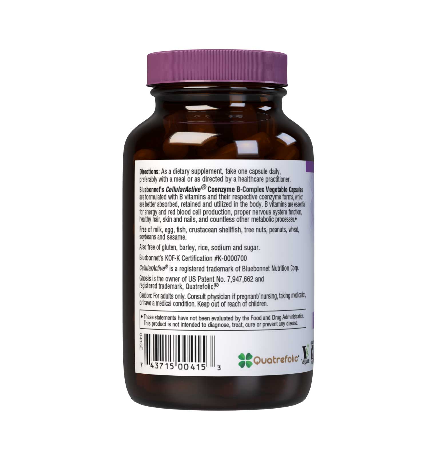 Bluebonnet’s CellularActive Coenzyme B-Complex Vegetable Capsules are formulated with B vitamins and their respective coenzyme forms, which are better absorbed, retained and utilized in the body. B vitamins are essential for energy and red blood cell production, proper nervous system function, healthy hair, skin and nails, and countless other metabolic processes. Description panel. #size_100 count