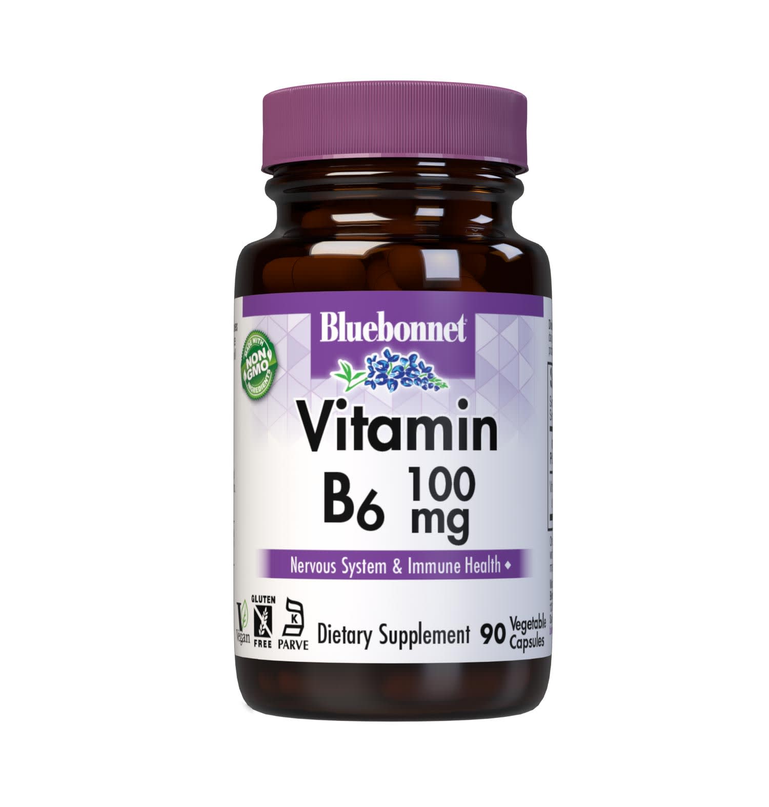 Bluebonnet’s Vitamin B6 100 mg Vegetable Capsules are formulated with crystalline vitamin B6 (pyridoxine HCI) which may support the nervous system, as well as immune and cardiovascular health. #size_90 count