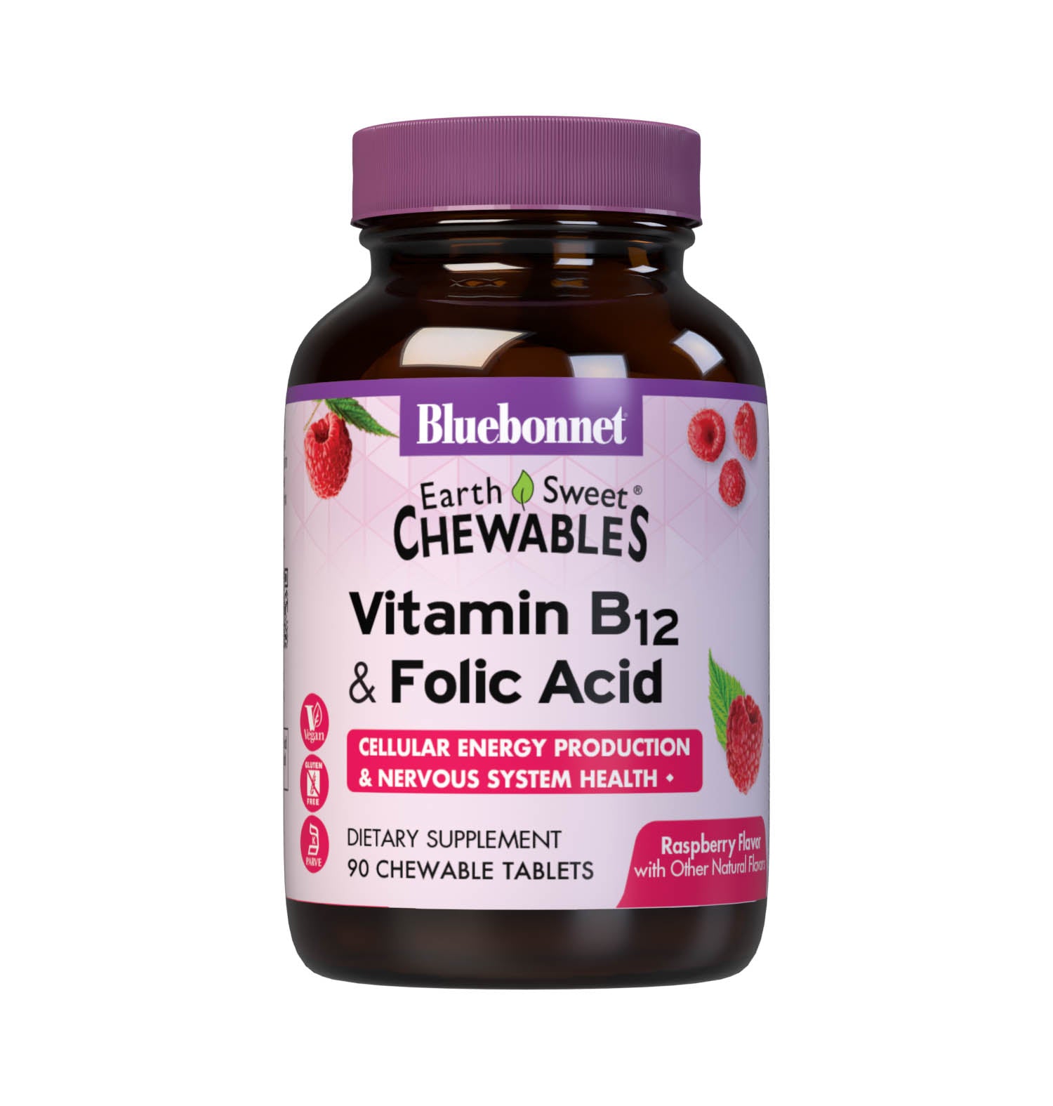 Bluebonnet’s EarthSweet Chewables Vitamin B12 & Folic Acid Tablets are formulated with crystalline vitamin B12 and folic acid that may support cellular energy production and nervous system health in a delicious raspberry flavor. Sweetened with EarthSweet, a proprietary sweetening mix of fruit powders and sugar cane crystals. #size_90 count