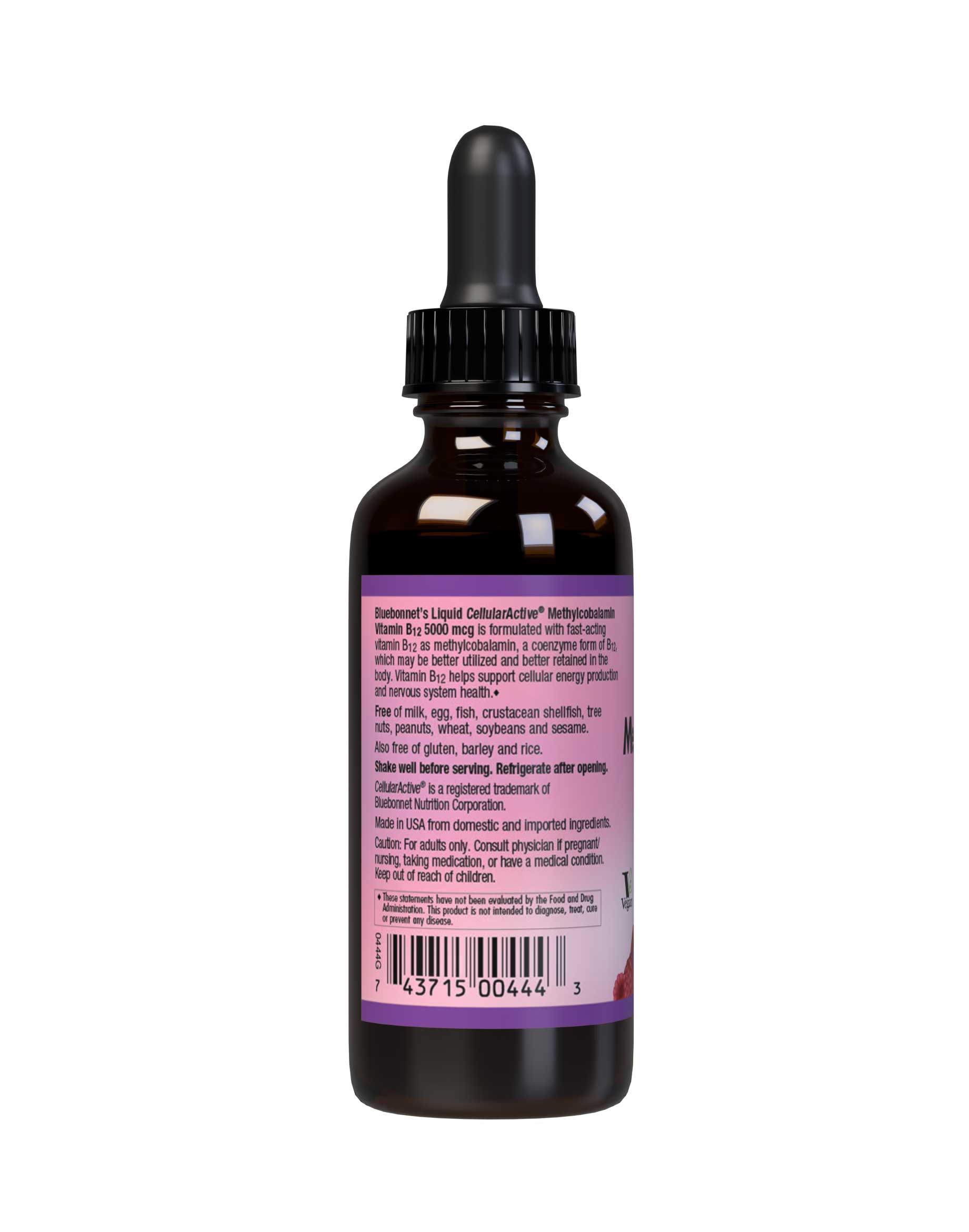 Bluebonnet’s Liquid CellularActive Methylcobalamin Vitamin B12 5000 mcg is formulated with fast-acting vitamin B12 as methylcobalamin, a coenzyme form of B12, which may be better utilized and better retained in the body. Vitamin B12 supports cellular energy production and nervous system health . Description panel. #size_2 fl oz