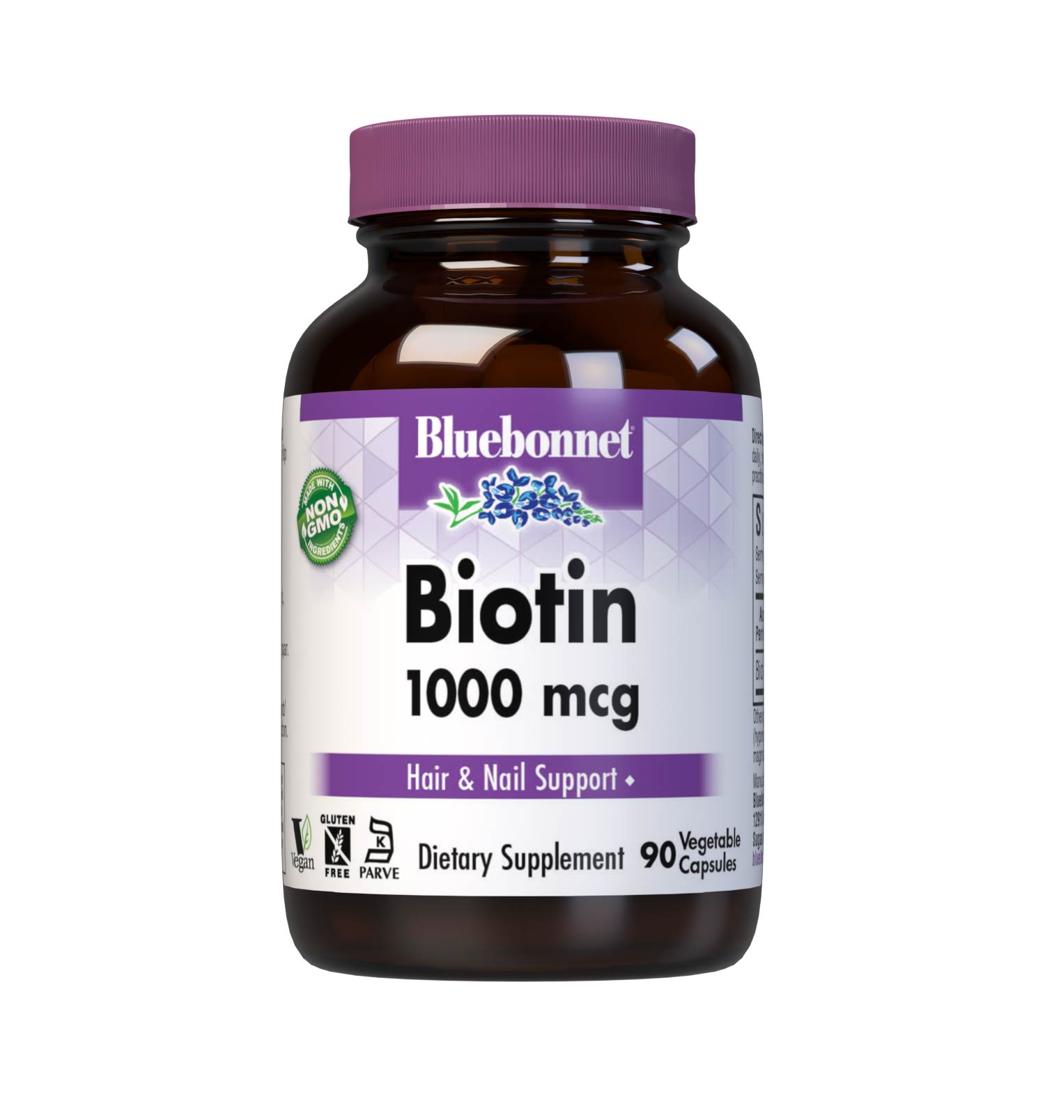 Bluebonnet’s Biotin 1000 mcg Capsules are formulated with yeast-free biotin in its crystalline form to support healthy hair and strong, durable nails. #size_90 count