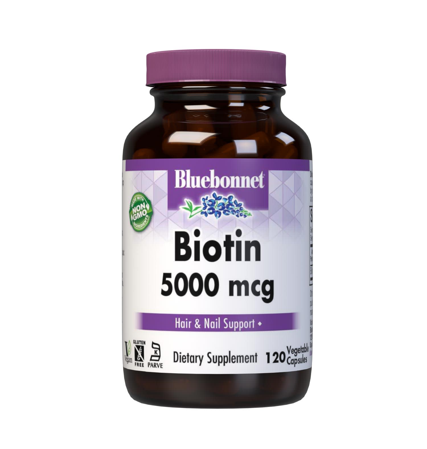 Bluebonnet’s Biotin 5000 mcg Capsules are formulated with yeast-free biotin in its crystalline form to support healthy hair and strong, durable nails. #size_120 count
