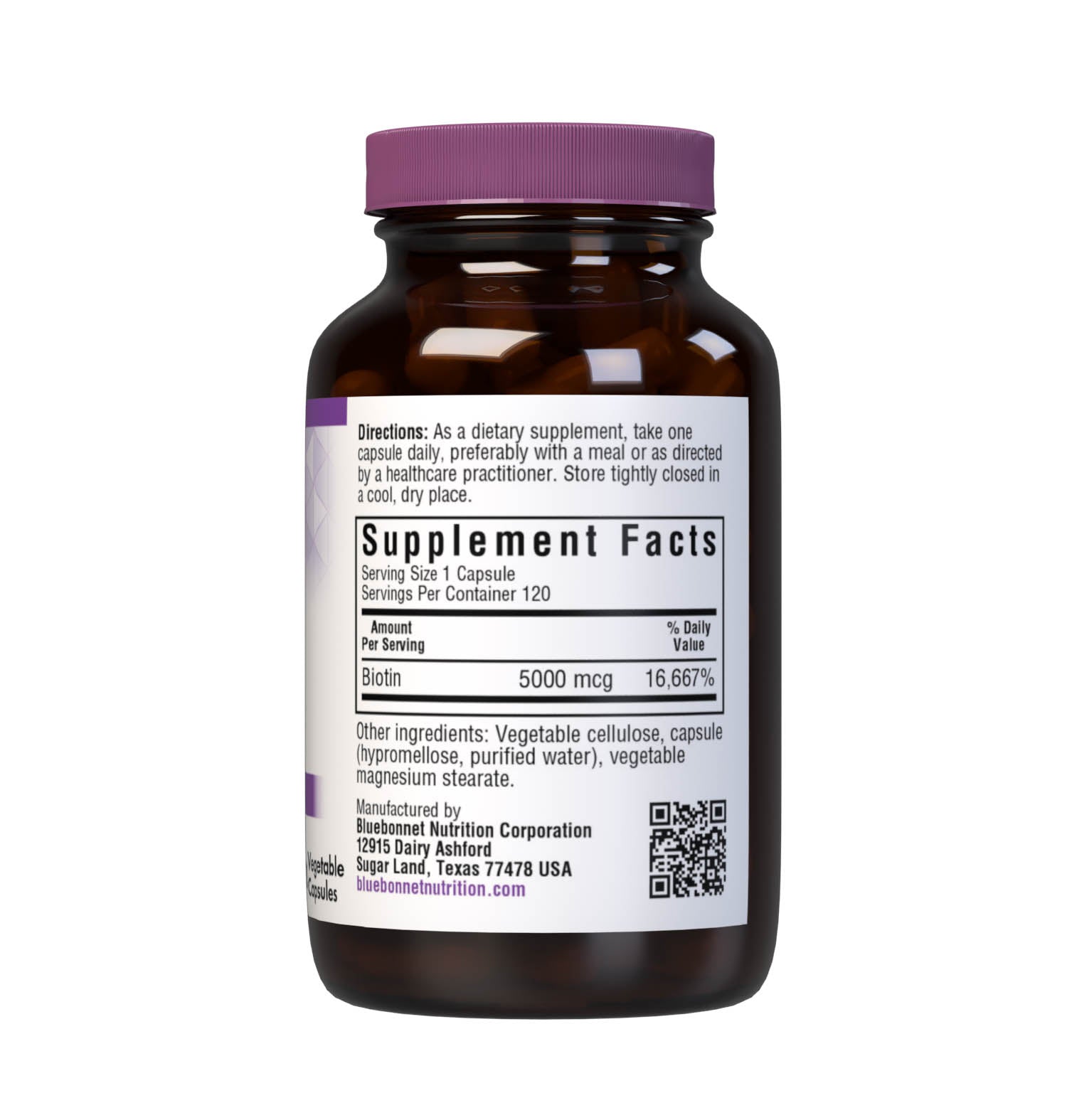 Bluebonnet’s Biotin 5000 mcg Capsules are formulated with yeast-free biotin in its crystalline form to support healthy hair and strong, durable nails. Supplement facts panel. #size_120 count