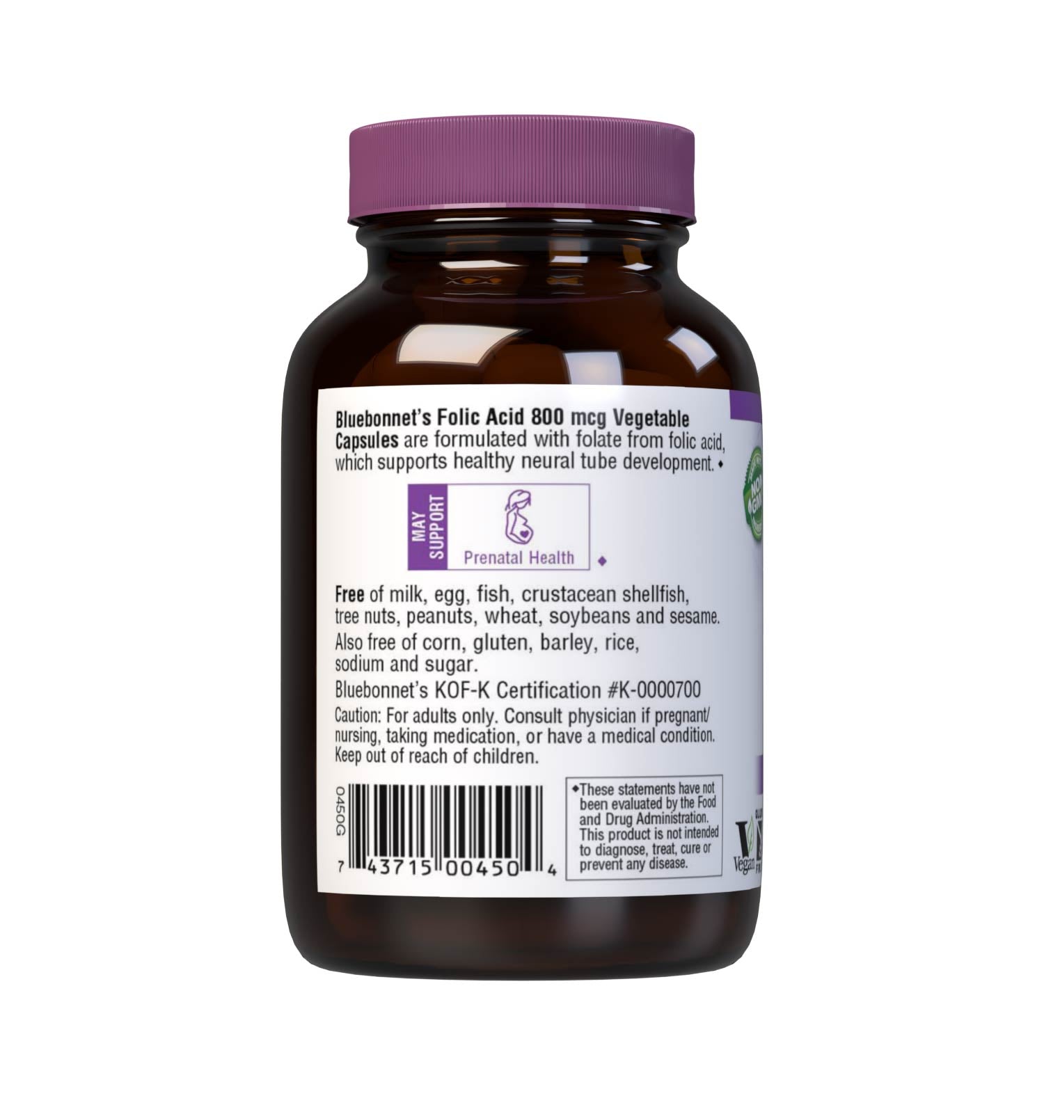 Bluebonnet’s Folic Acid 800 mcg Vegetable Capsules are formulated with folate in its crystalline form which may help support neural tube development. Description panel. #size_90 count