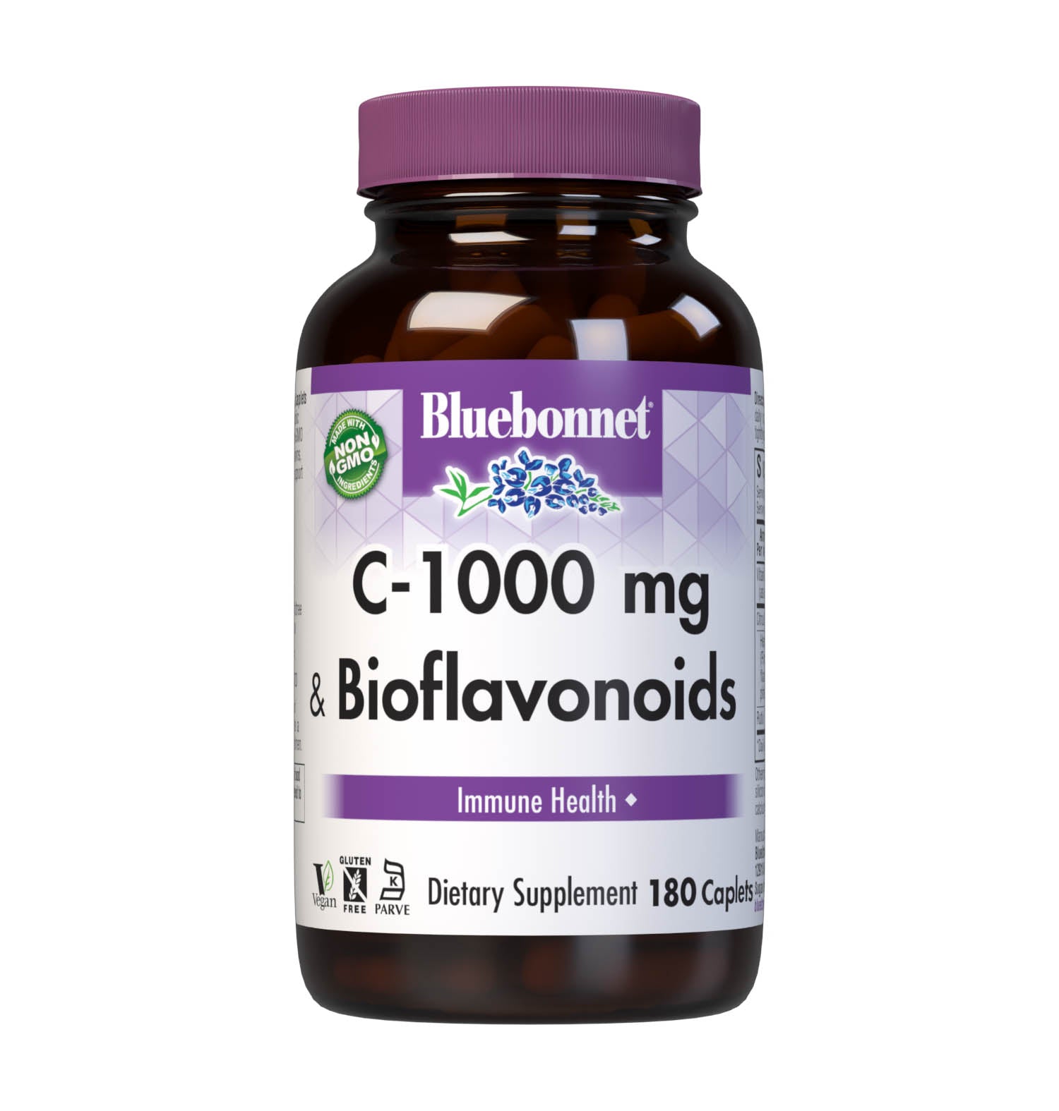 Bluebonnet’s C-1000 mg & Bioflavonoids 180 Caplets are formulated with vitamin C from L-ascorbic acid that is (IP) identity-preserved and non-GMO with citrus bioflavonoids from oranges, lemons, tangerines, grapefruits and limes to help support immune health. #size_180 count