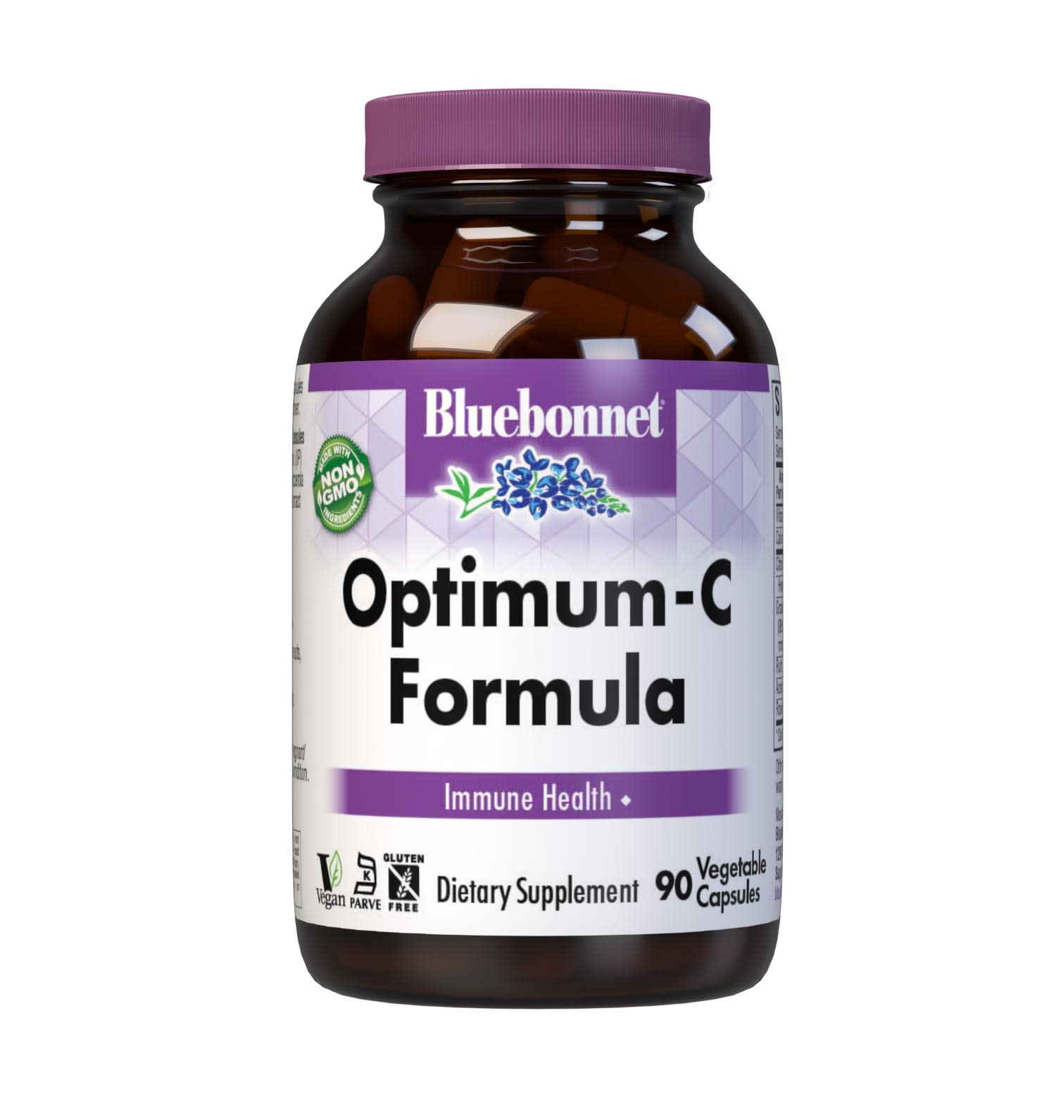 Bluebonnet’s Optimum-C Formula 90 Vegetable Capsules are formulated with non-GMO, identity preserved (IP) vitamin C from calcium ascorbate, rose hips and acerola along with citrus bioflavonoids and grape seed extract to help support immune function. #size_90 count