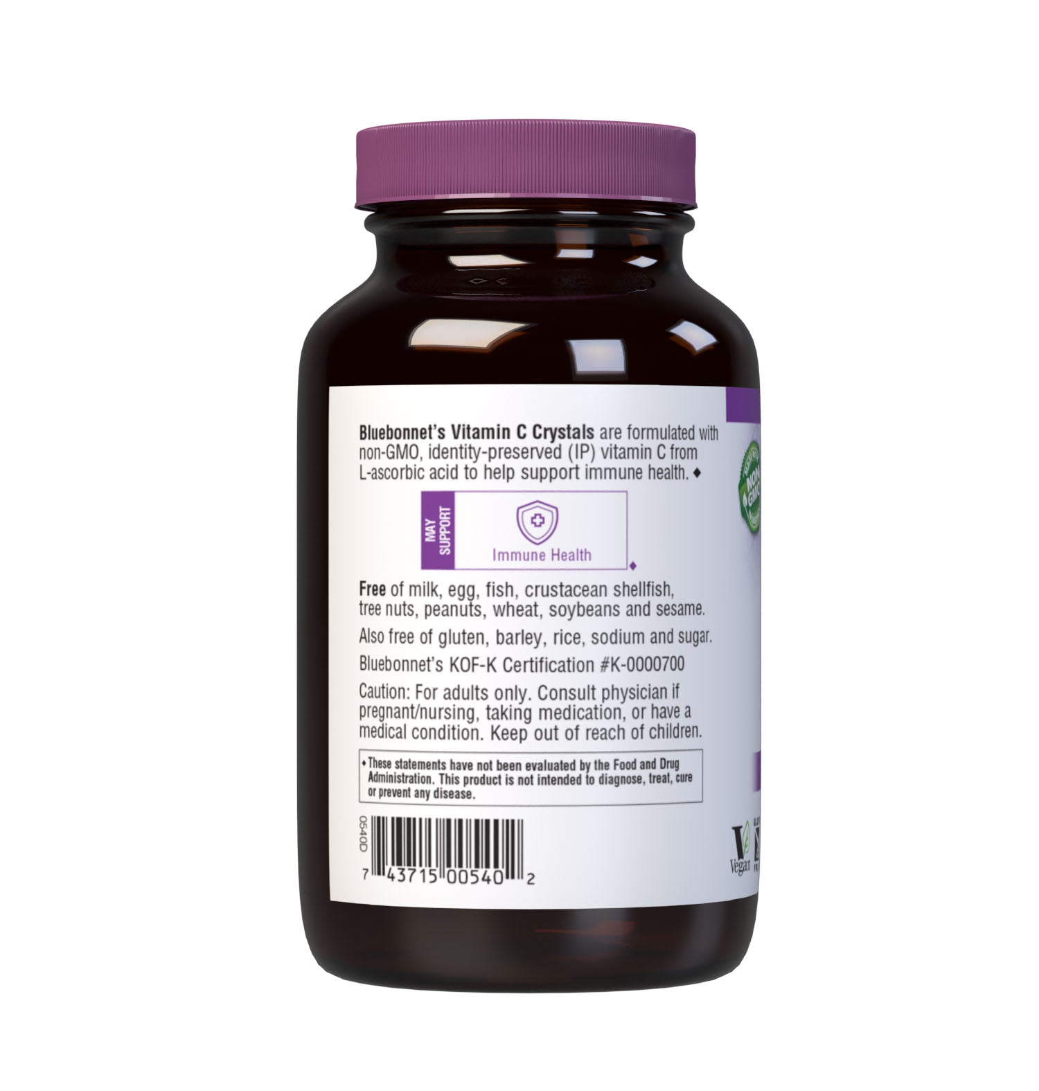 Bluebonnet’s Vitamin C Crystals are formulated with identity preserved (IP) L-ascorbic acid in its crystalline form to help support immune function. There are no excipients present. Description panel. #size_4.4oz