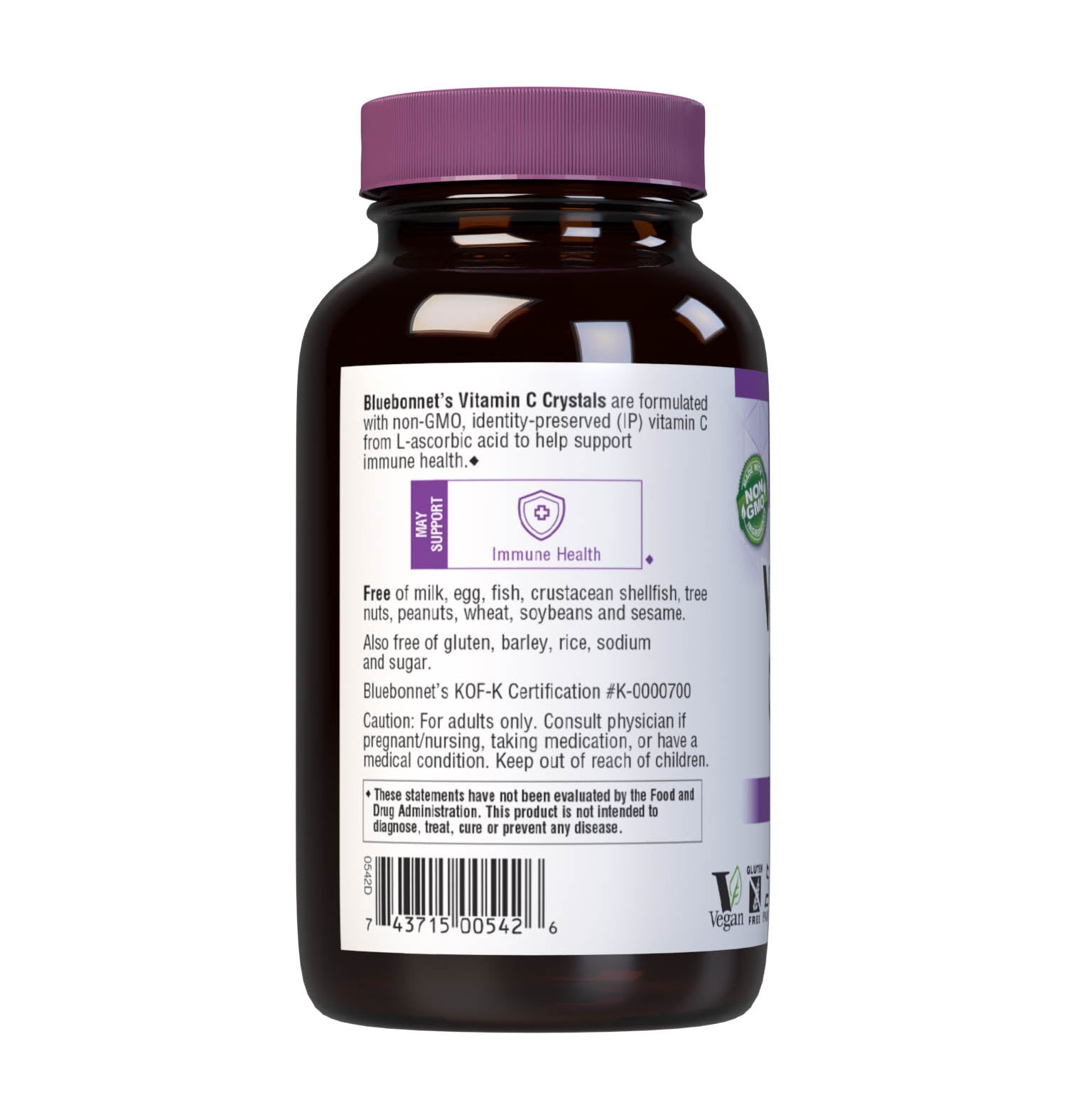 Bluebonnet’s Vitamin C Crystals are formulated with identity preserved (IP) L-ascorbic acid in its crystalline form to help support immune function. There are no excipients present. Description panel. #size_8.8oz