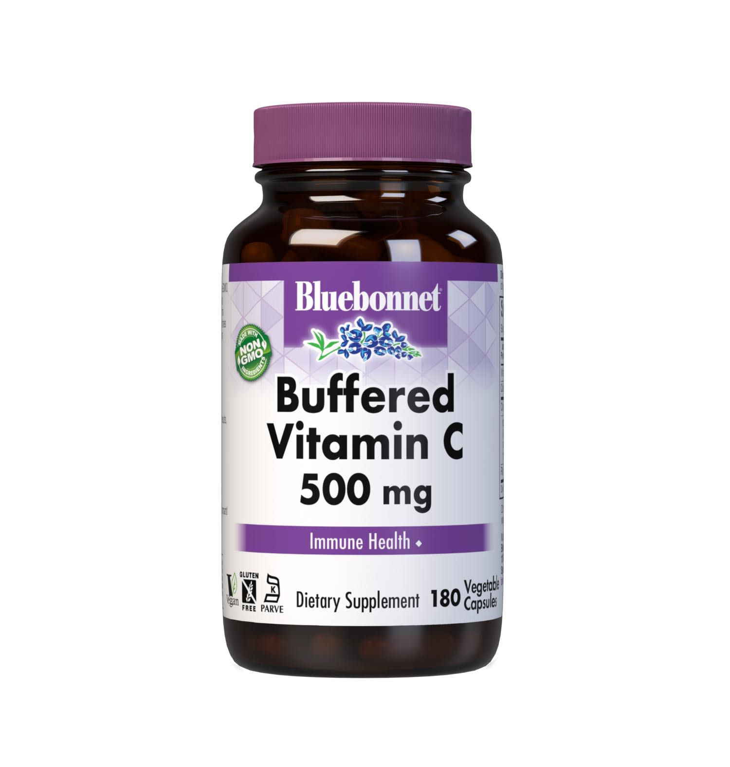 Bluebonnet’s Buffered Vitamin C-500 mg 180 Vegetable Capsules are formulated with non-GMO identity-preserved (IP) vitamin C from calcium ascorbate, along with citrus bioflavonoids from oranges, lemons, tangerines, grapefruit and limes as well as hesperidin and rutin to help support immune function. #size_180 count