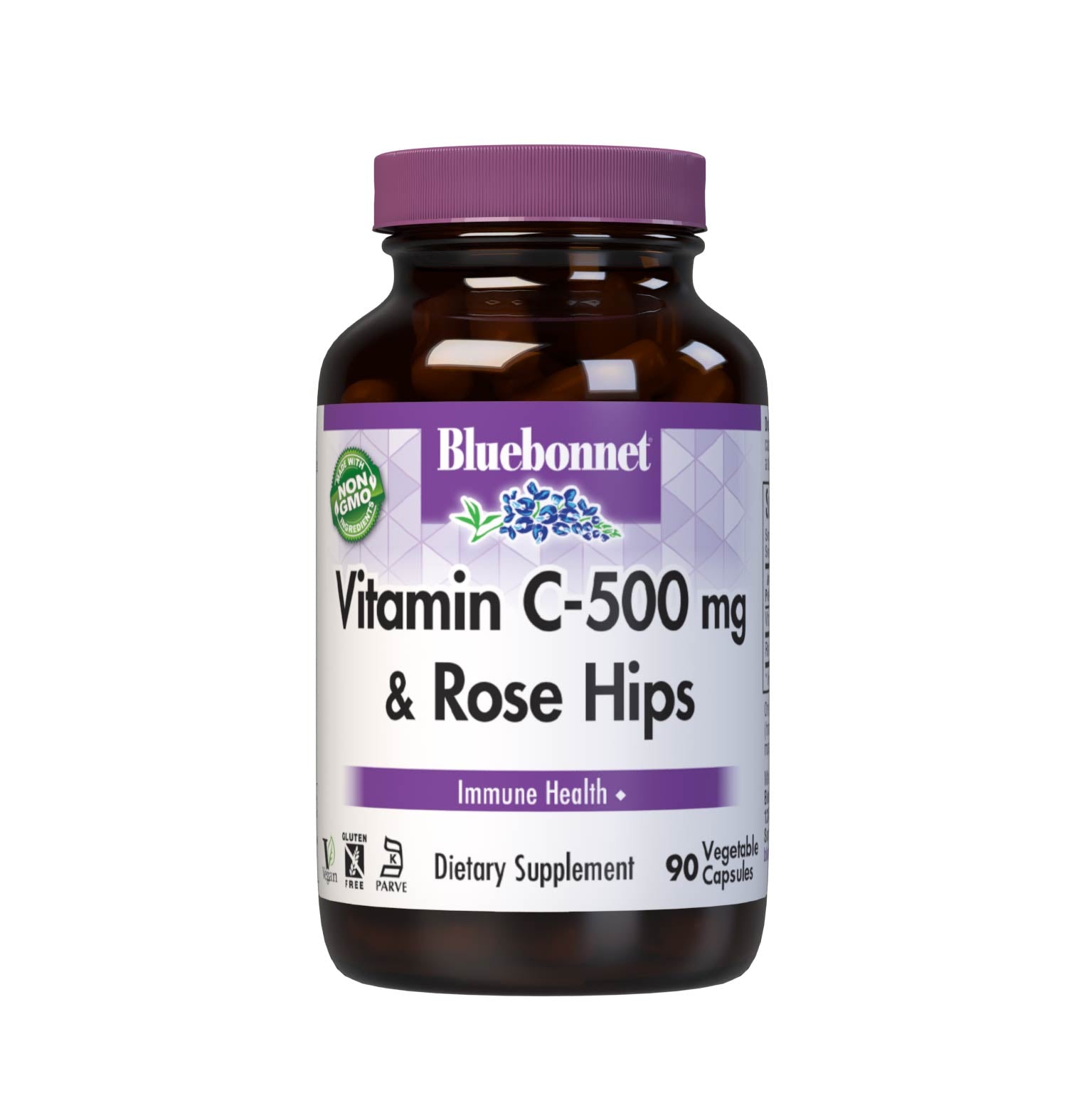 Bluebonnet’s Vitamin C-500 mg & Rose Hips 90 Vegetable Capsules are formulated with non-GMO, identity preserved (IP) vitamin C from L-ascorbic acid and rose hips to help support immune function. #size_90 count