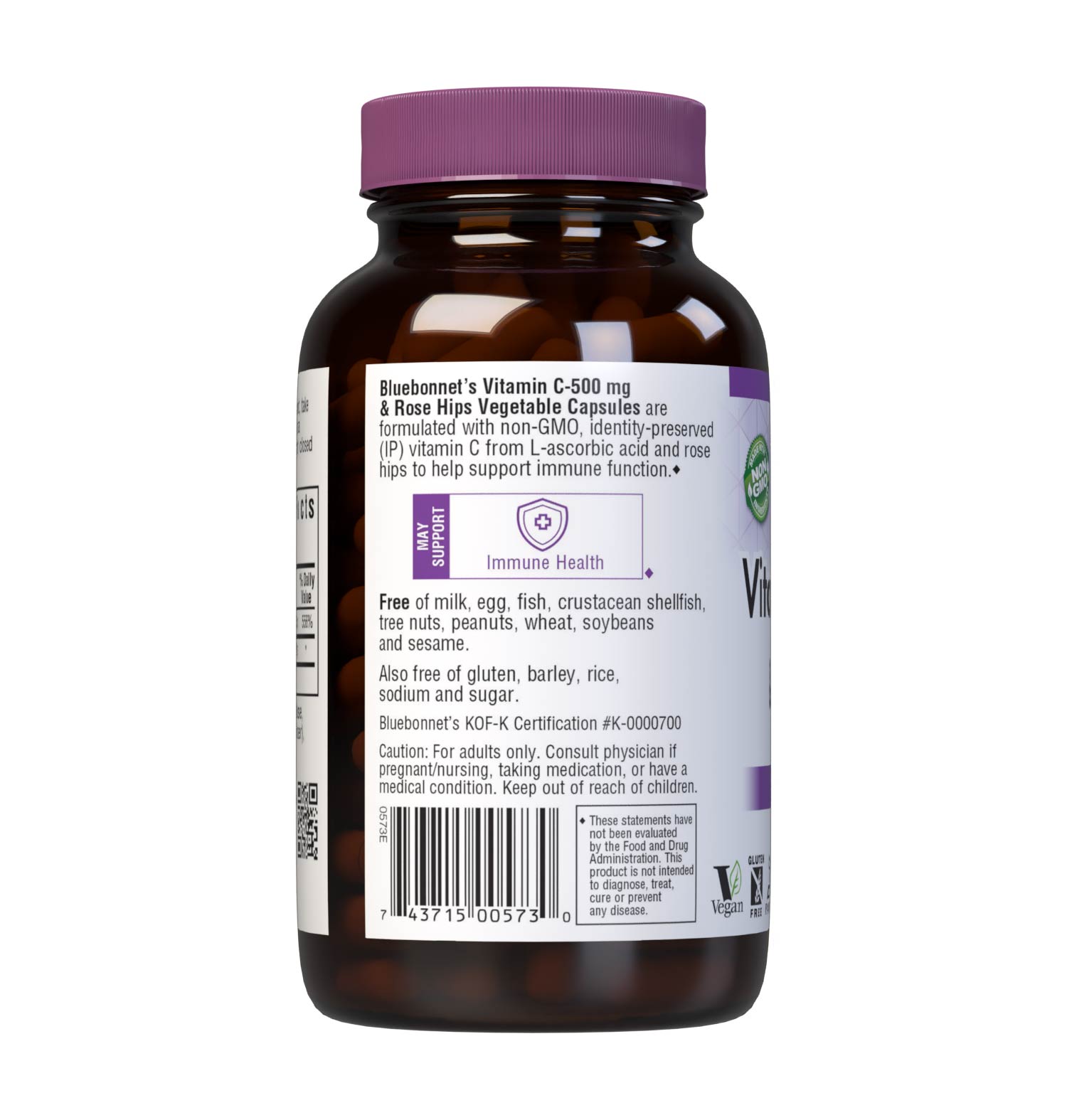 Bluebonnet’s Vitamin C-500 mg & Rose Hips 180 Vegetable Capsules are formulated with non-GMO, identity preserved (IP) vitamin C from L-ascorbic acid and rose hips to help support immune function. Description panel. #size_180 count